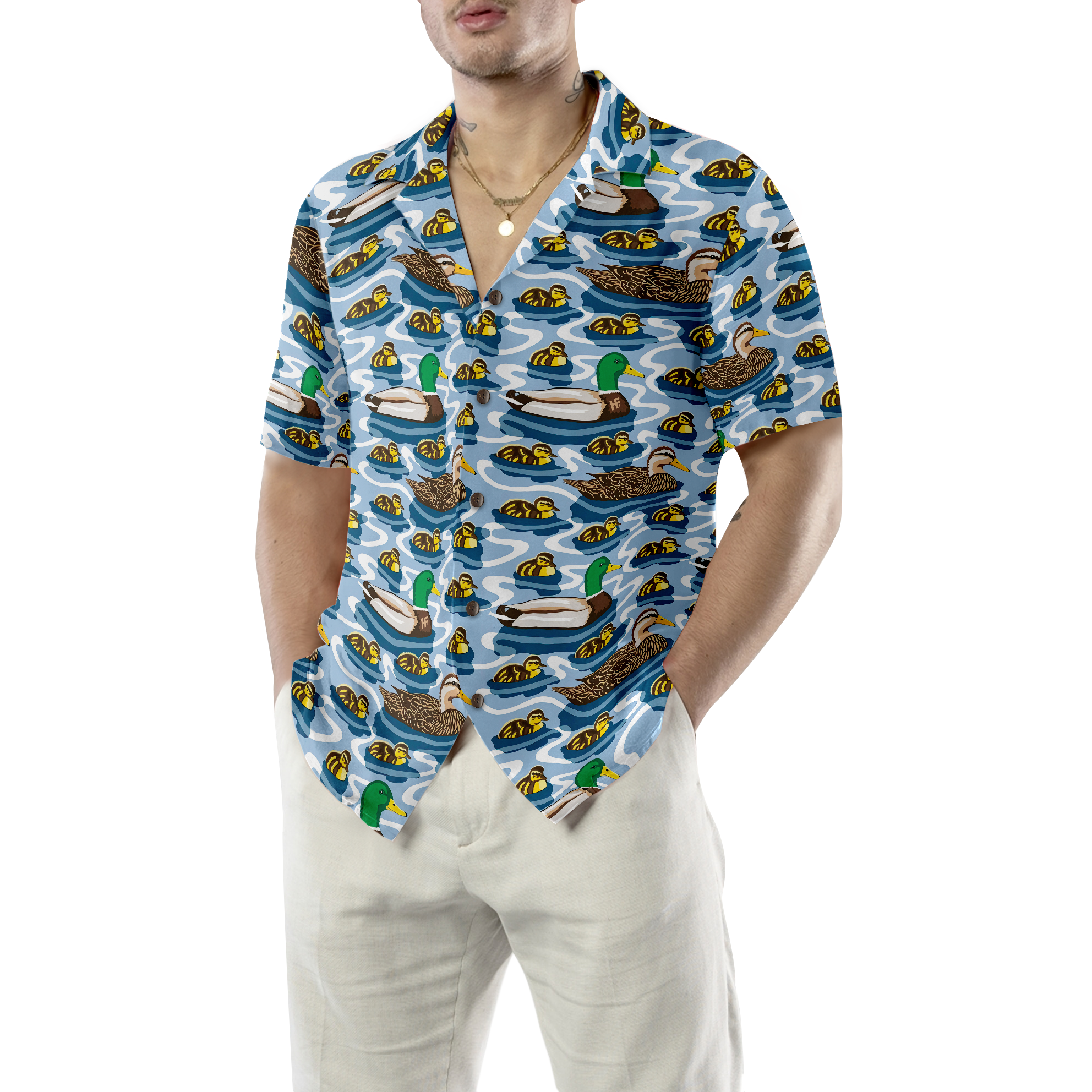 Rouen Duck Family Swimming Hawaiian Shirt, Arctic Blue Pond Texture Hawaiian Shirt