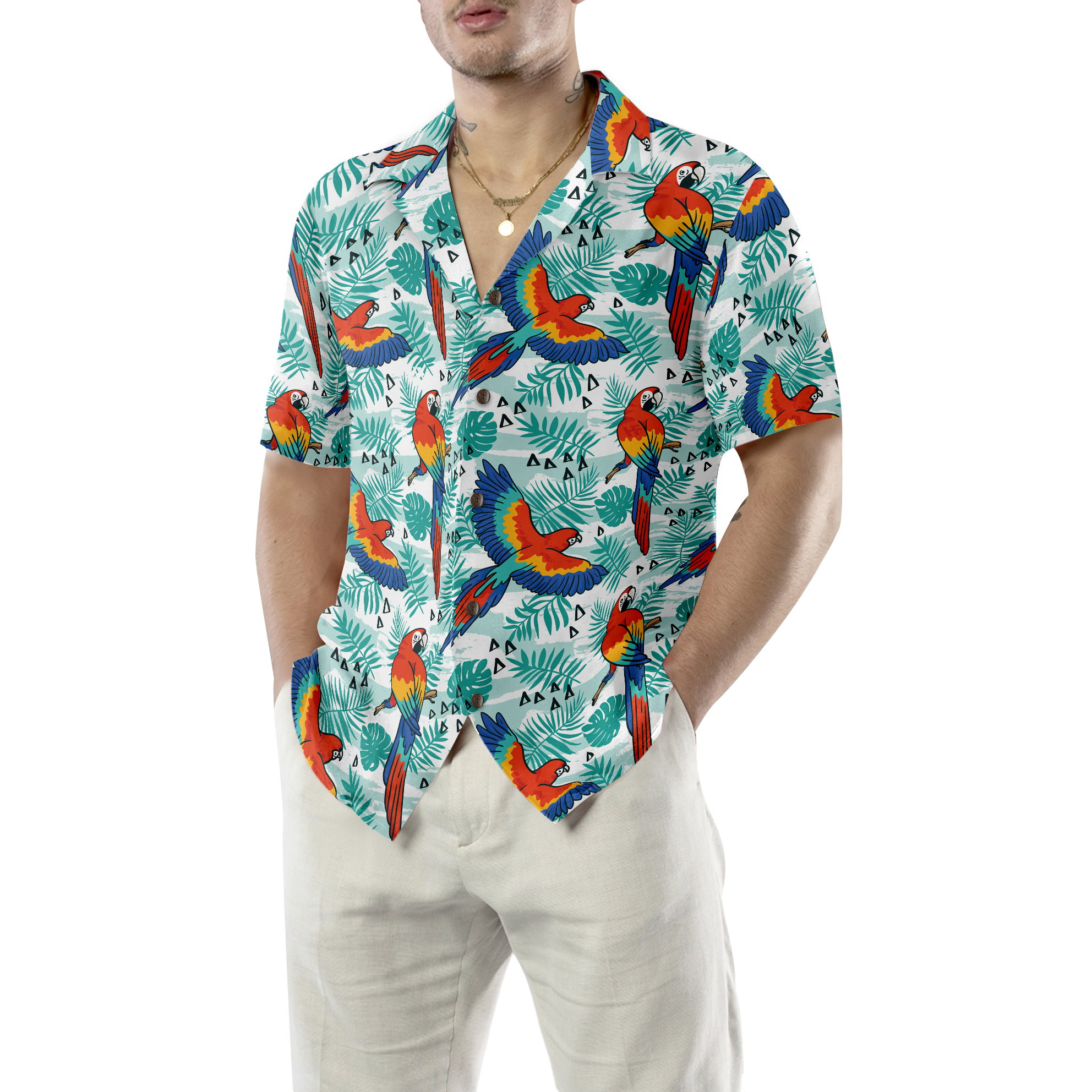 Watercolor Parrot & Palm Leaves Hawaiian Shirt