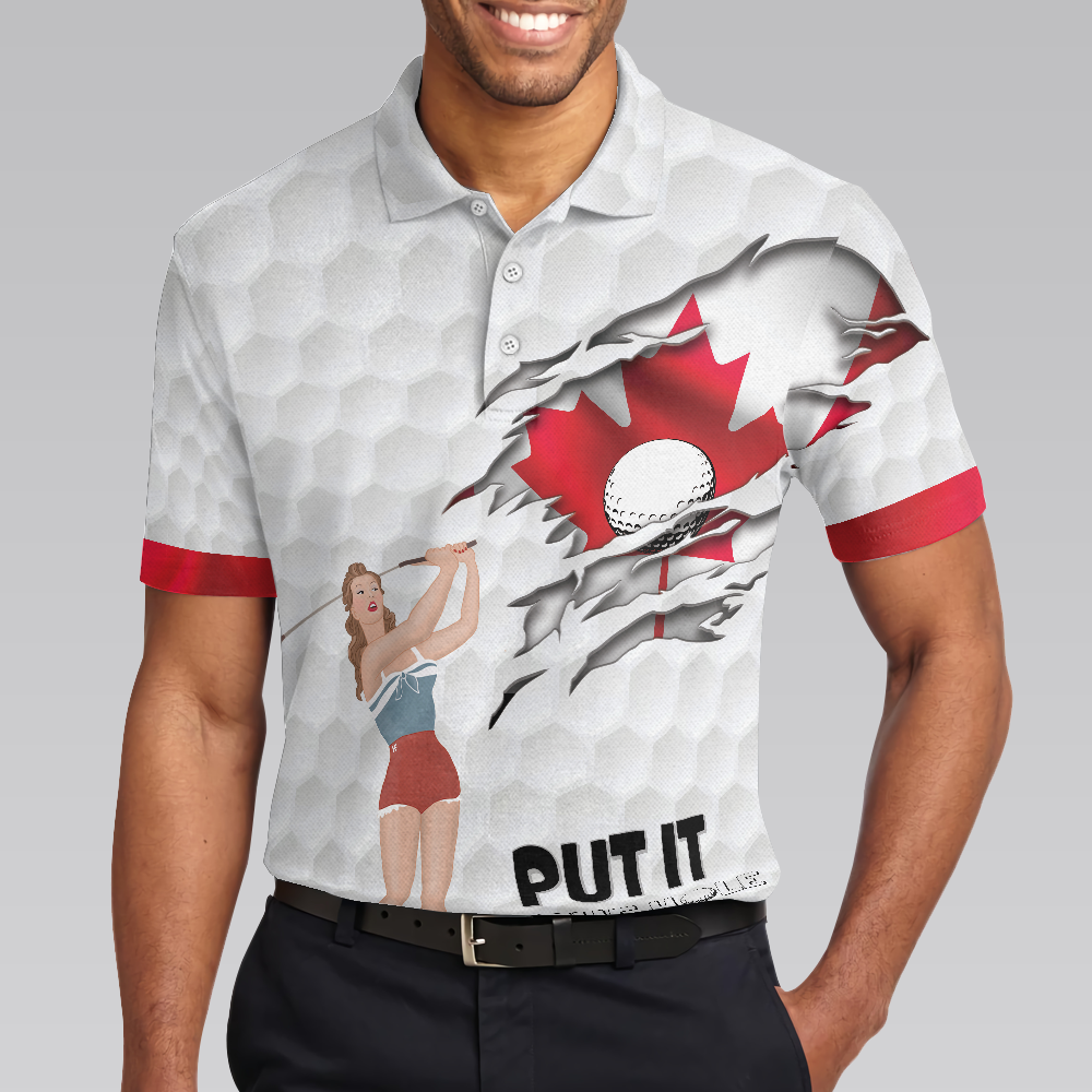 Golf Canada Flag Pin Up Girl Polo Shirt, Canadian Golf Shirt For Men