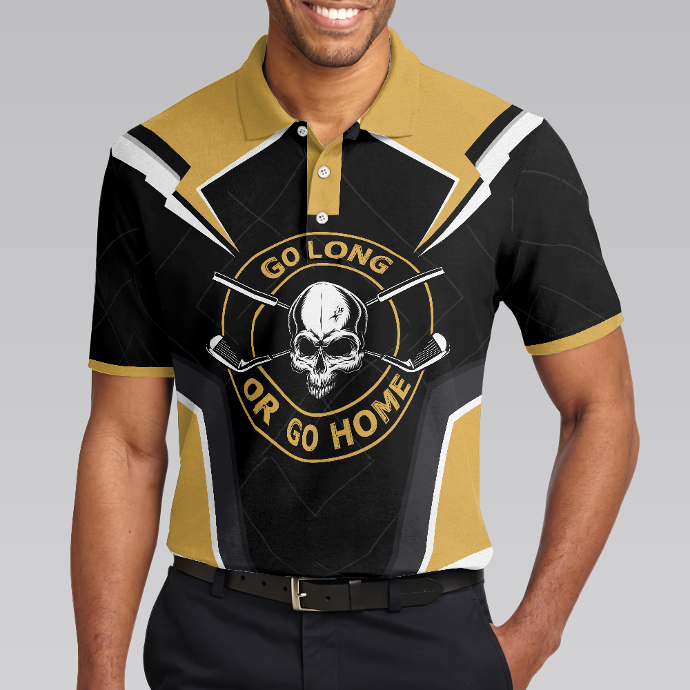 Go Long Or Go Home Golf Polo Shirt, Black Skull Golf Shirt For Men, Cool Golfing Shirt With Sayings