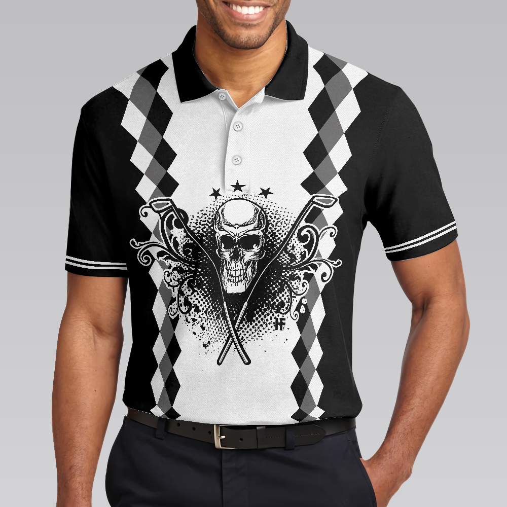 Grandpa Is My Name Golf Is My Game Golf Polo Shirt, Black And White Argyle Pattern Golf Shirt For Men