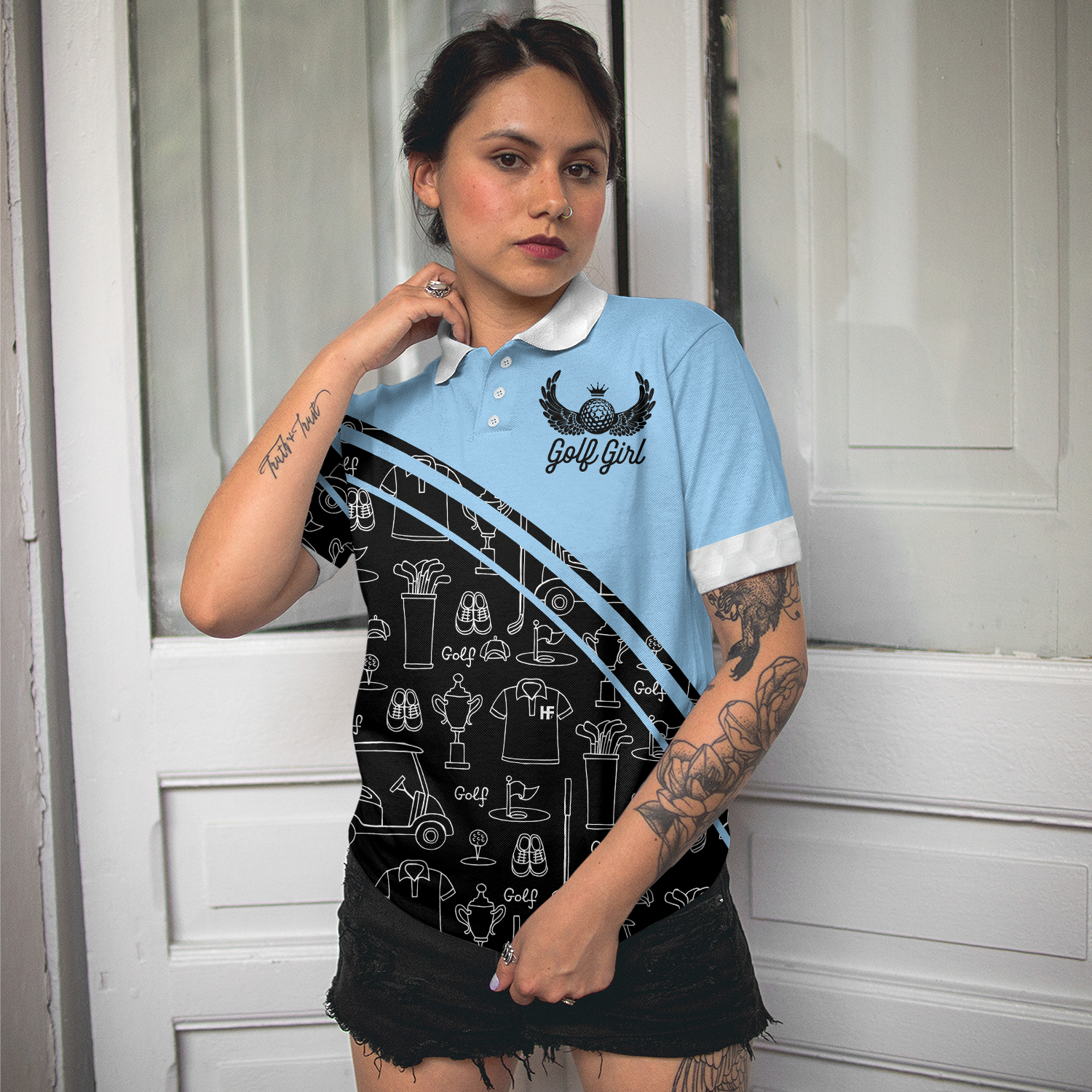 Golf Girl In Black And Blue Seamless Pattern Golf Short Sleeve Women Polo Shirt, Cool Golf Shirt For Ladies