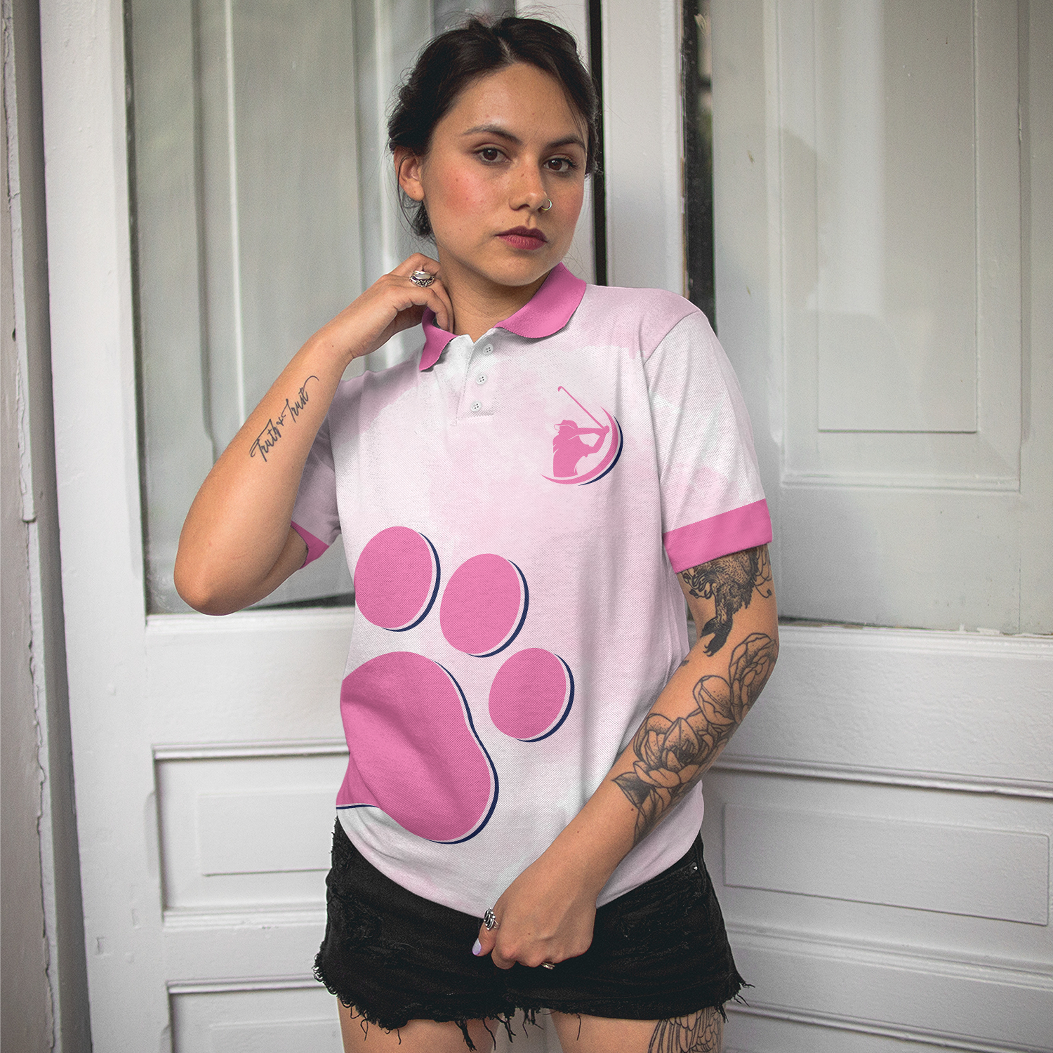 Never Underestimate A Cat Mom Golf Girl V2 Short Sleeve Women Polo Shirt, Pink Paw Pattern Golf Shirt, Golf Gift For Cat Lovers