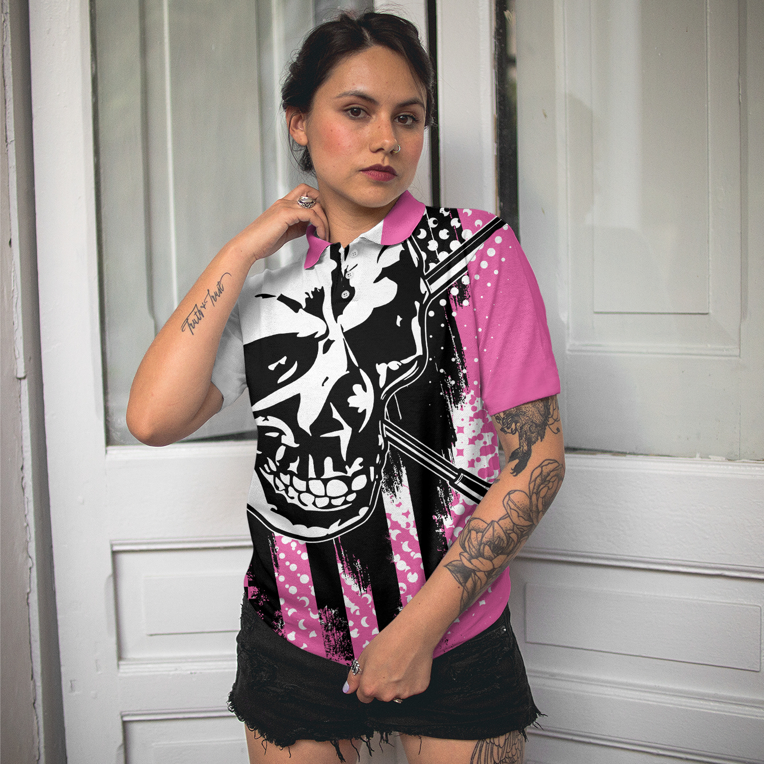 Blade Ladies Golf Pink Short Sleeve Women Polo Shirt, Skull Golf Shirt For Women, Unique Female Goff Gift