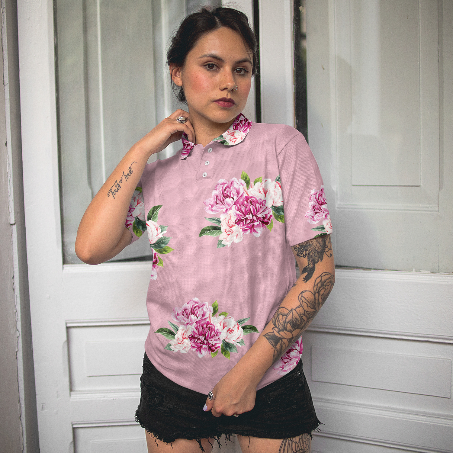 Watercolor Flowers And Golf Short Sleeve Women Polo Shirt