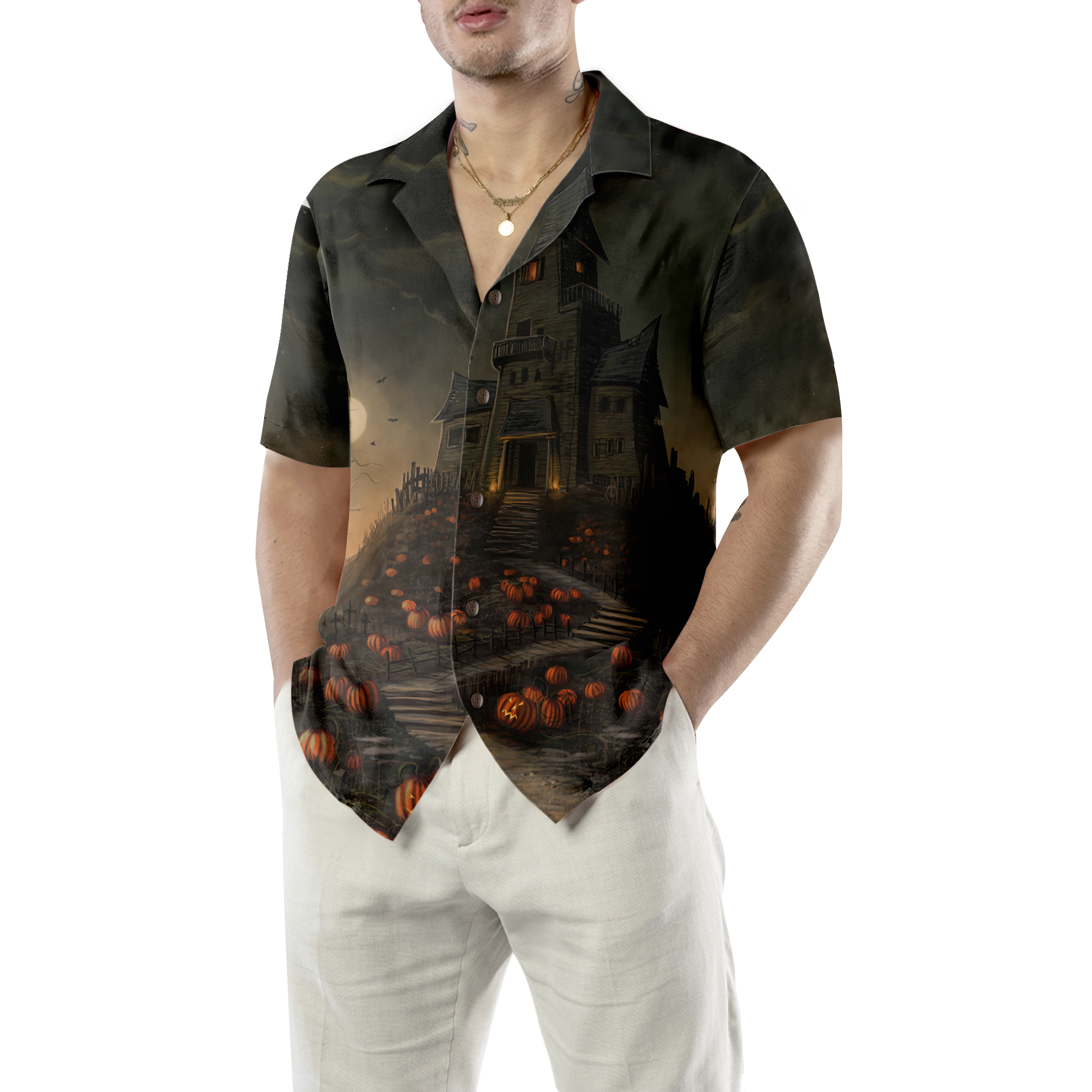 Halloween Haunted House On The Hill With Pumpkin Hawaiian Shirt, Full Moon Haunted Jack-o'-lantern Hawaiian Shirt For Men