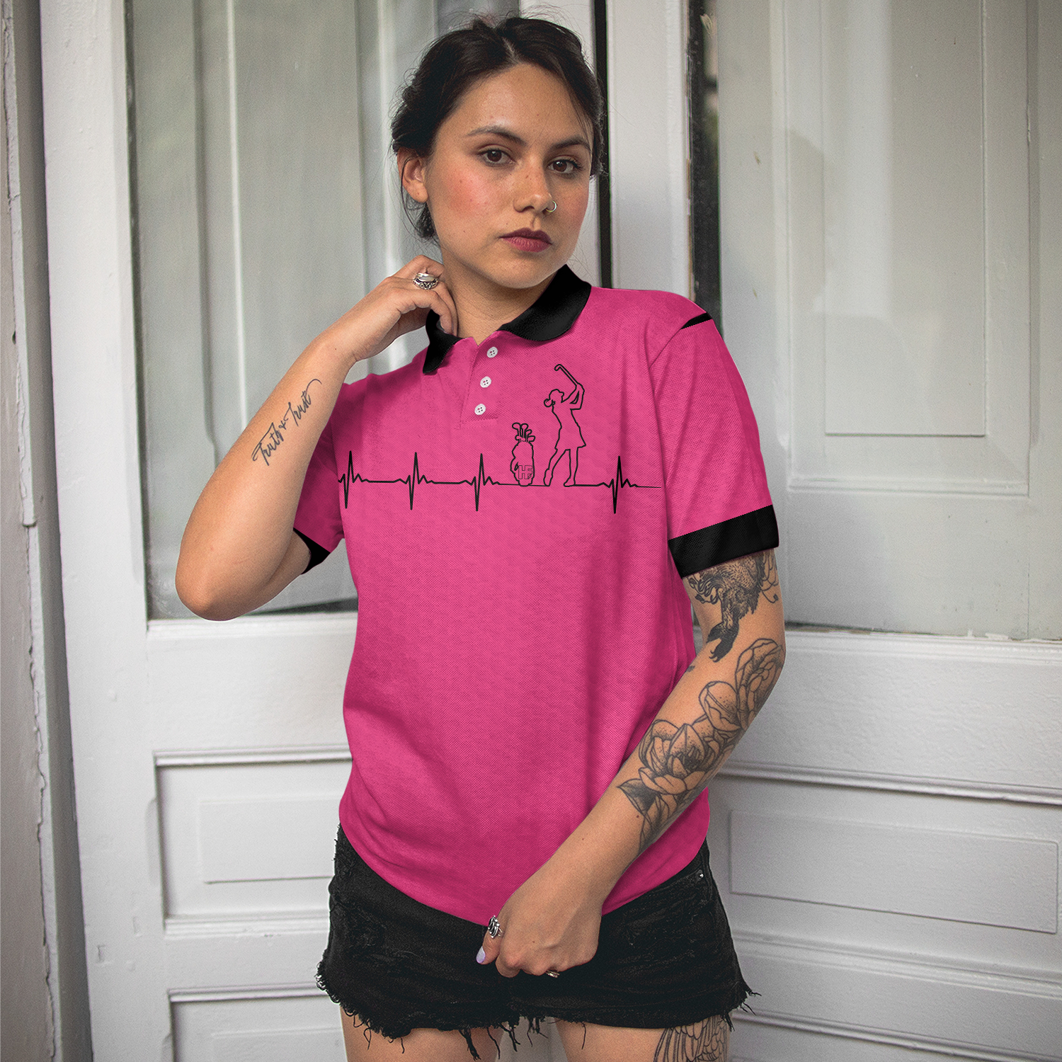 Heartbeat Golf Lady Pink Golf Short Sleeve Women Polo Shirt, Best Golf Gift For Women