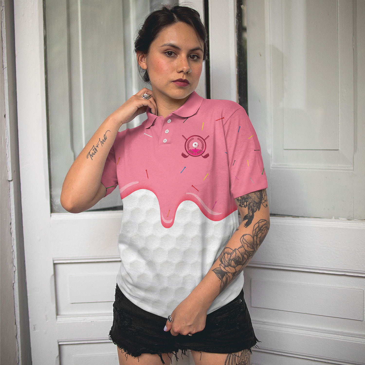 Ice Cream Melting On Golf Ball Cone V2 Golf Short Sleeve Women Polo Shirt, White And Pink Women Golf Shirt