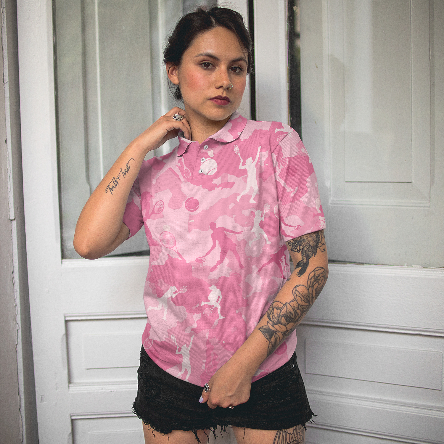 Pink Camouflage Tennis Girl Short Sleeve Women Polo Shirt, Camo Tennis Shirt For Ladies