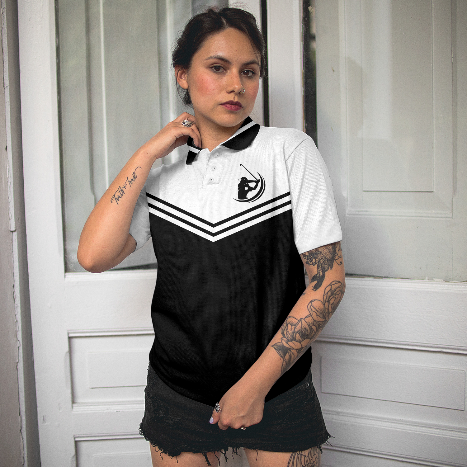 Swing Hard In Case You Hit It Short Sleeve Women Polo Shirt, Black And White Golf Shirt For Ladies