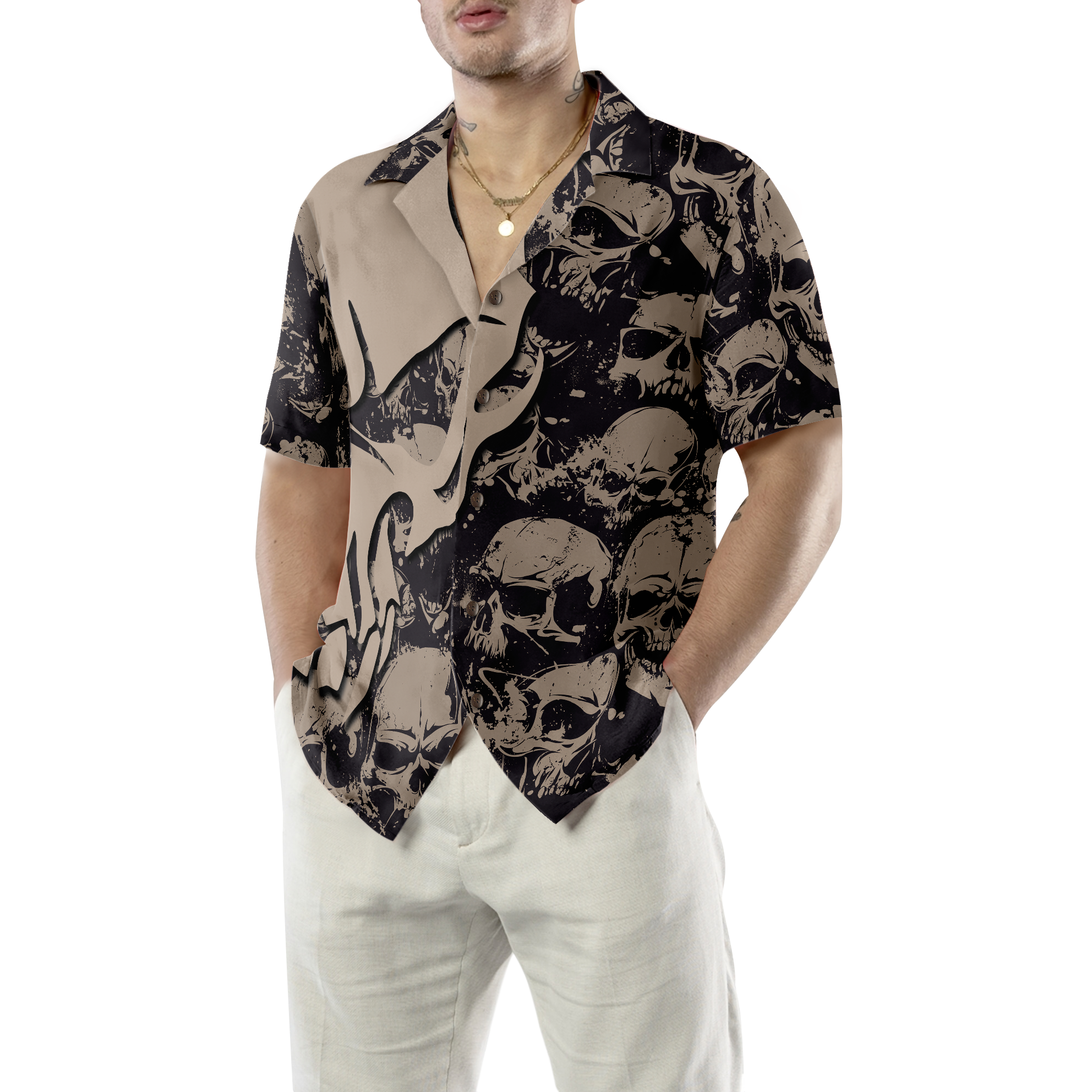 Gothic Winged Skull Hawaiian Shirt, Black And White Skull Pattern Hawaiian Shirt
