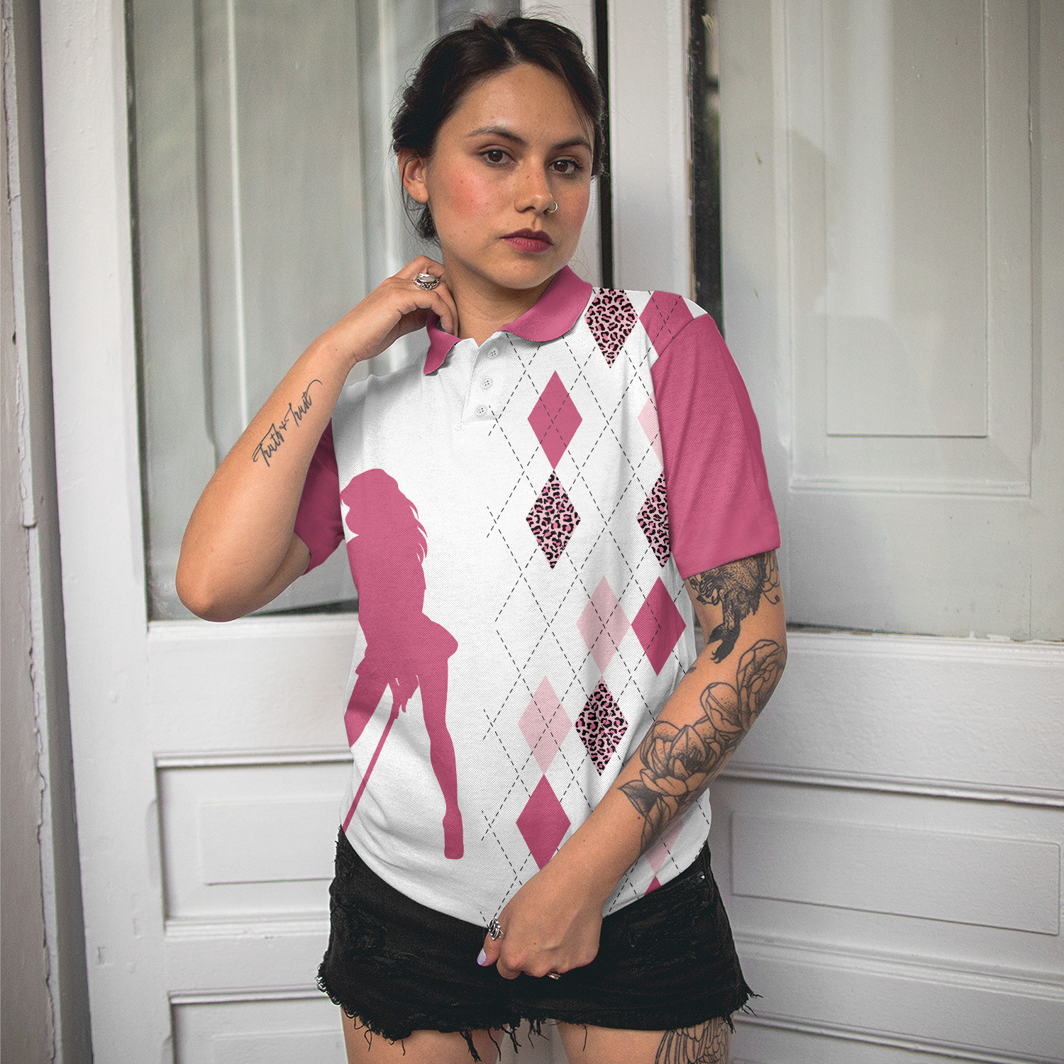 Talk Birdie To Me Short Sleeve Women Polo Shirt, Best Pink Argyle And Leopard Pattern For Golf Ladies