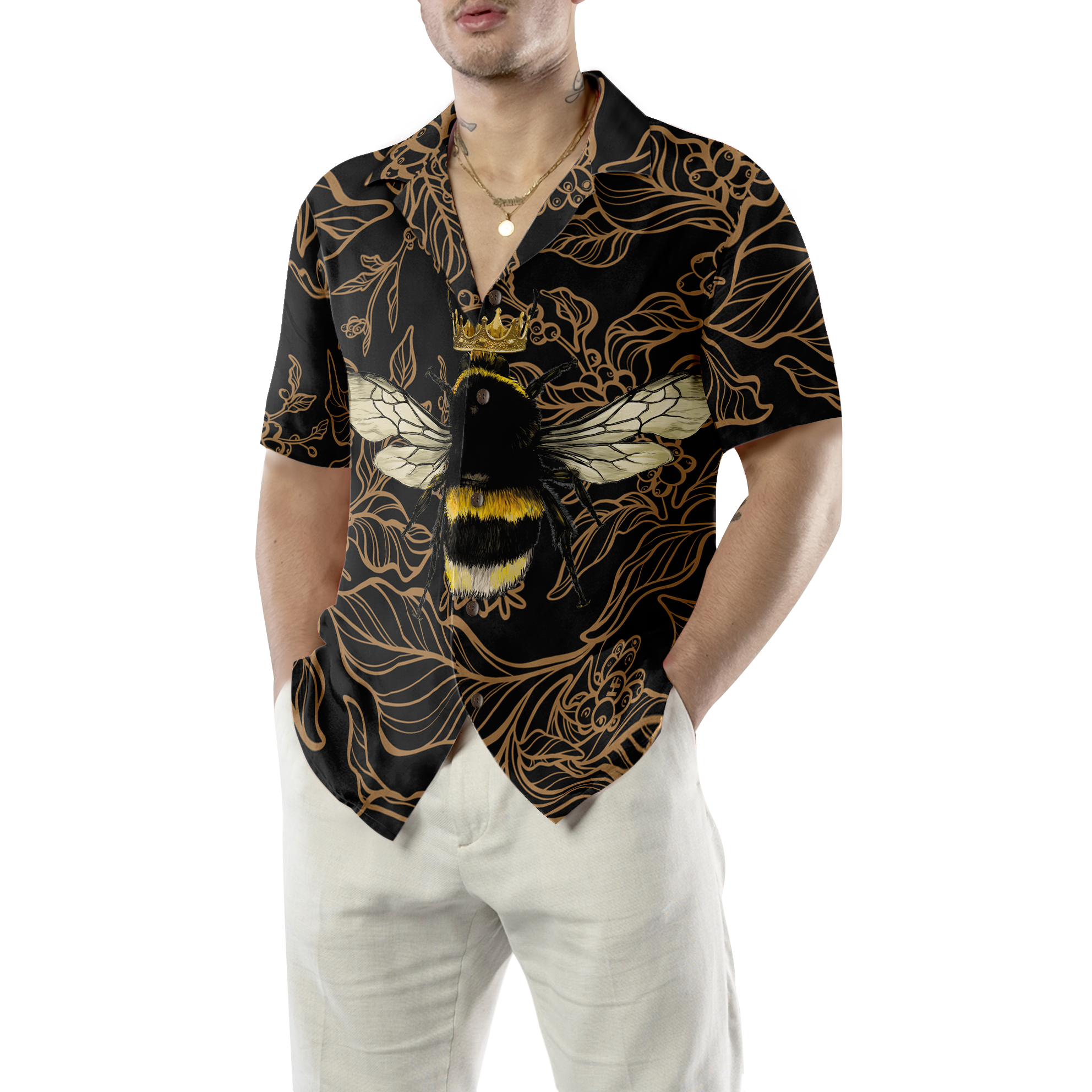 Golden Floral Bee Hawaiian Shirt