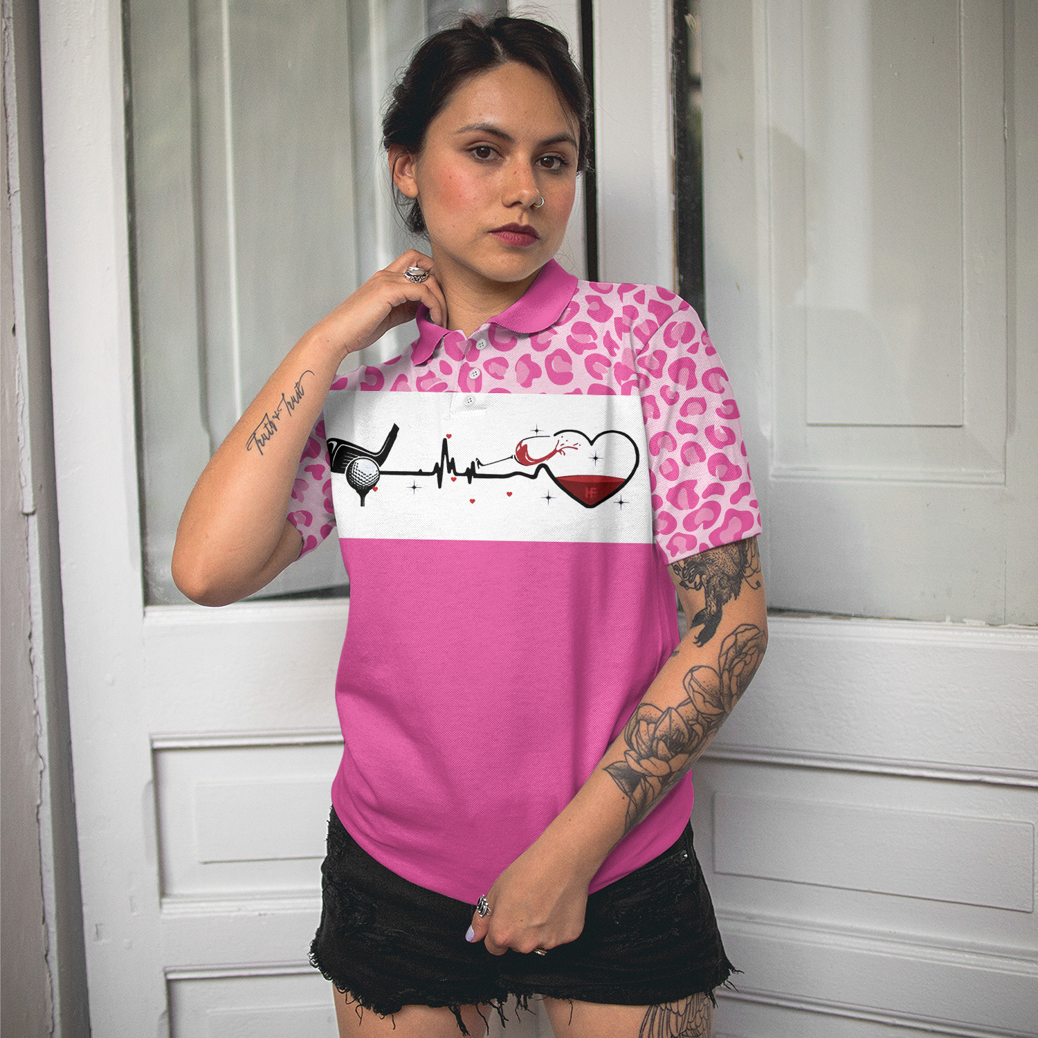I Am A Simple Woman Golf Short Sleeve Women Polo Shirt, White And Pink Golf Shirt For Ladies, Gift For Wine Lovers