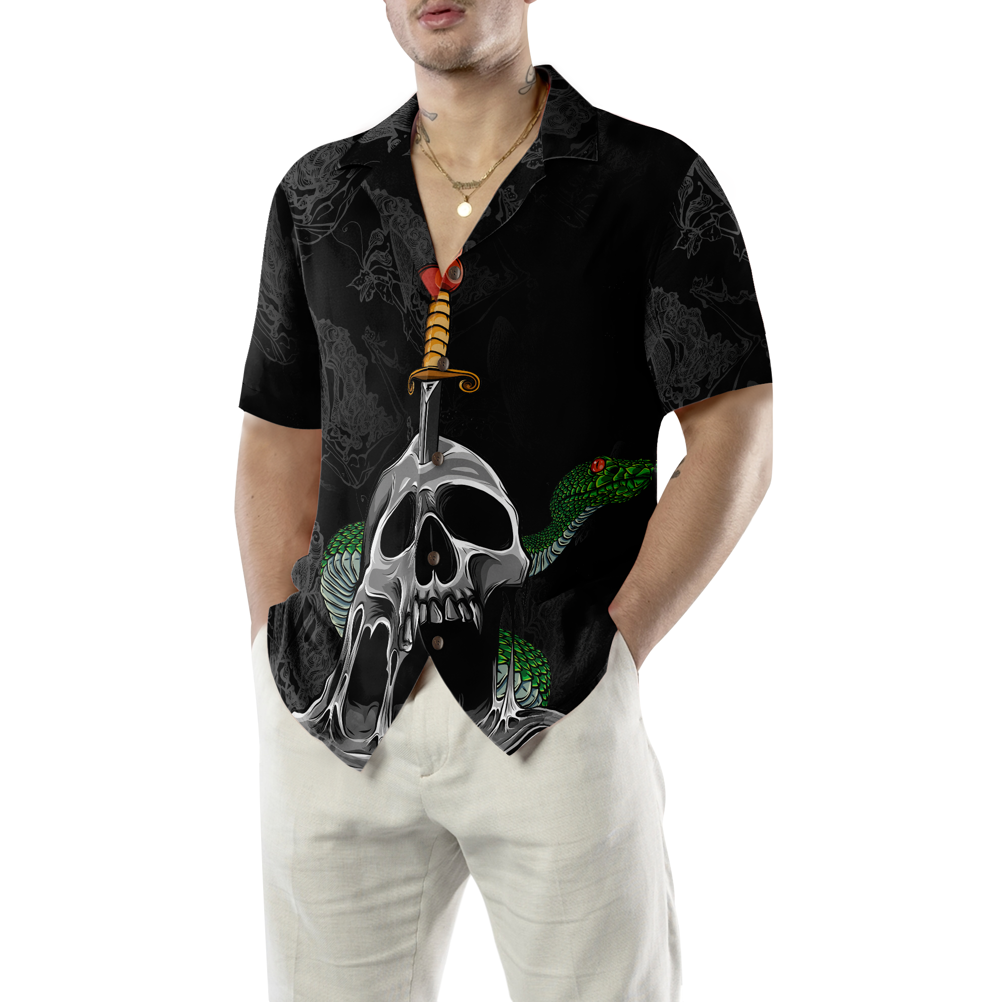 Skull & Snake Gothic Hawaiian Shirt, Dark Sword Melted Black Skull Hawaiian Shirt