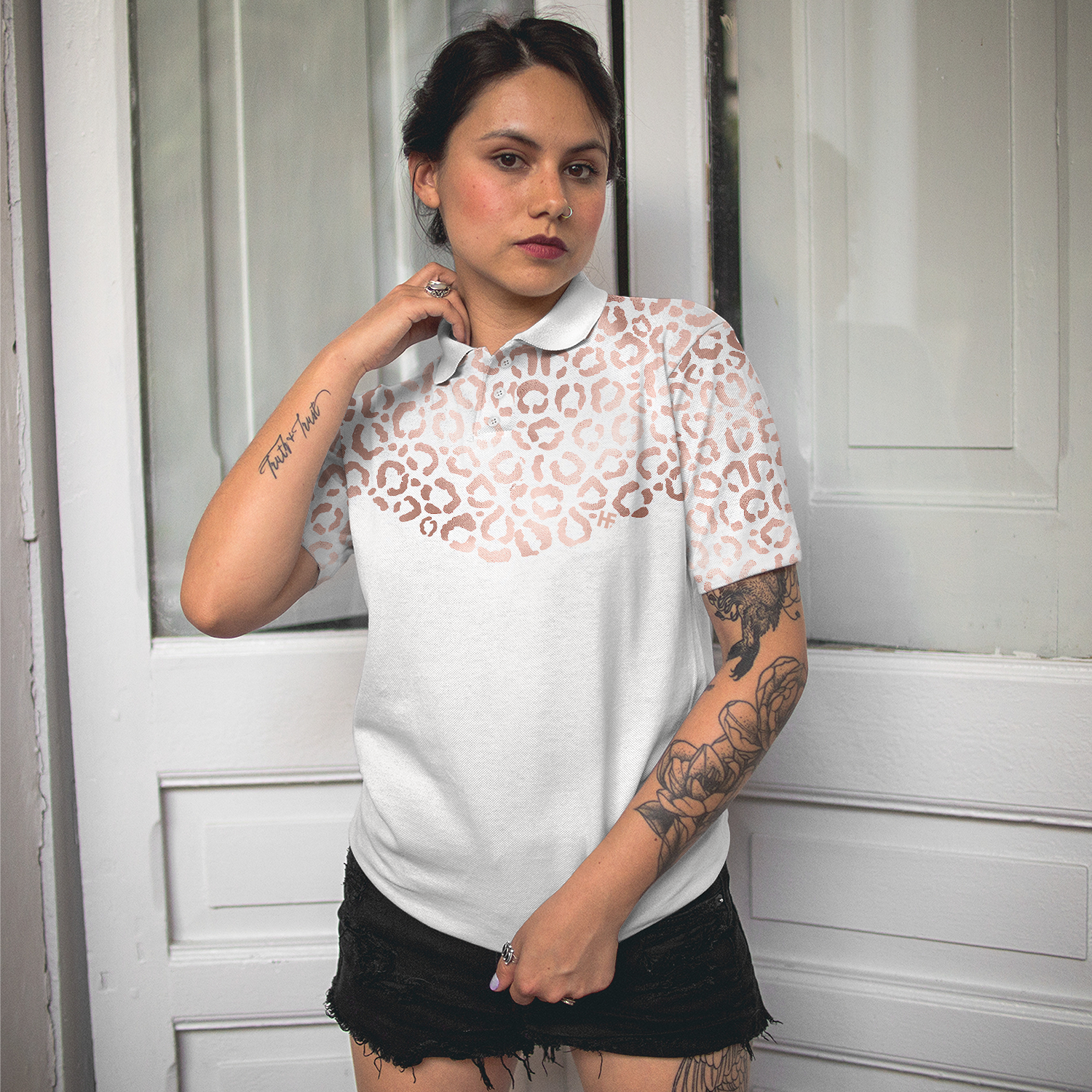 Rose Gold Leopard Pattern Shirt Short Sleeve Women Polo Shirt
