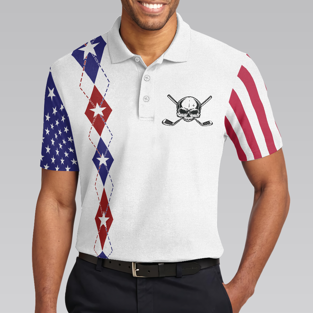 Too Old To Work Too Young To Die But Perfect For Golfing Polo Shirt, American Flag Golfing Shirt With Sayings