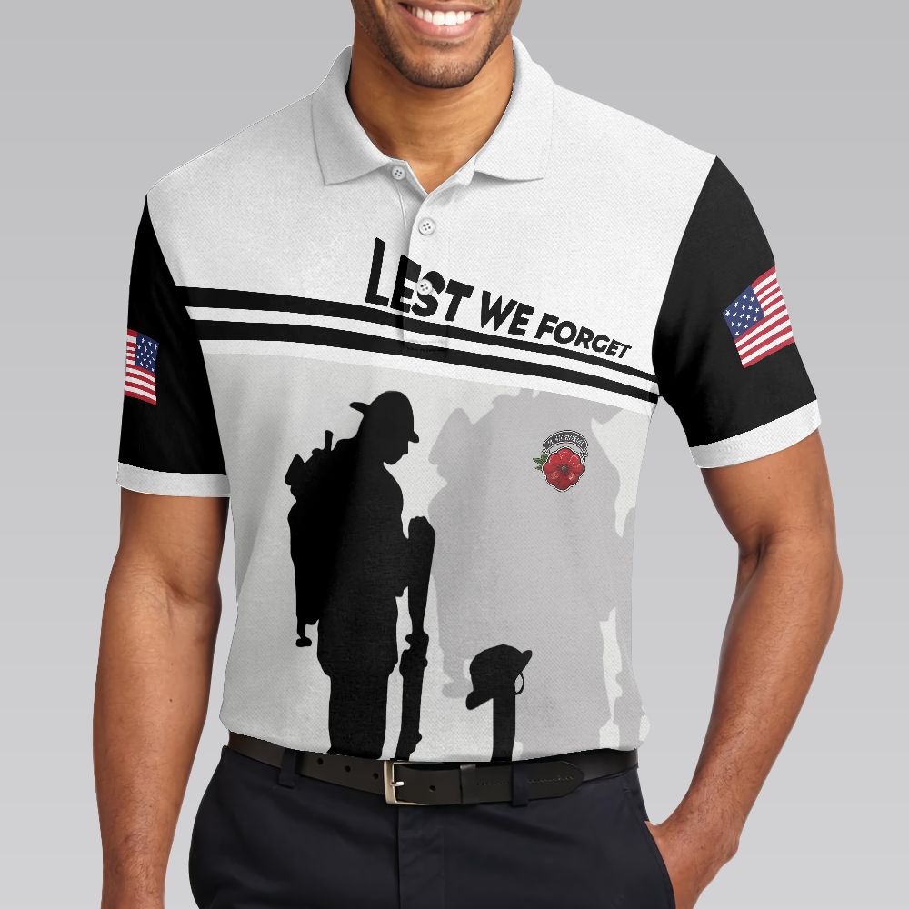 Lest We Forget Polo Shirt, Military Veteran American Flag Golf Shirt For Men