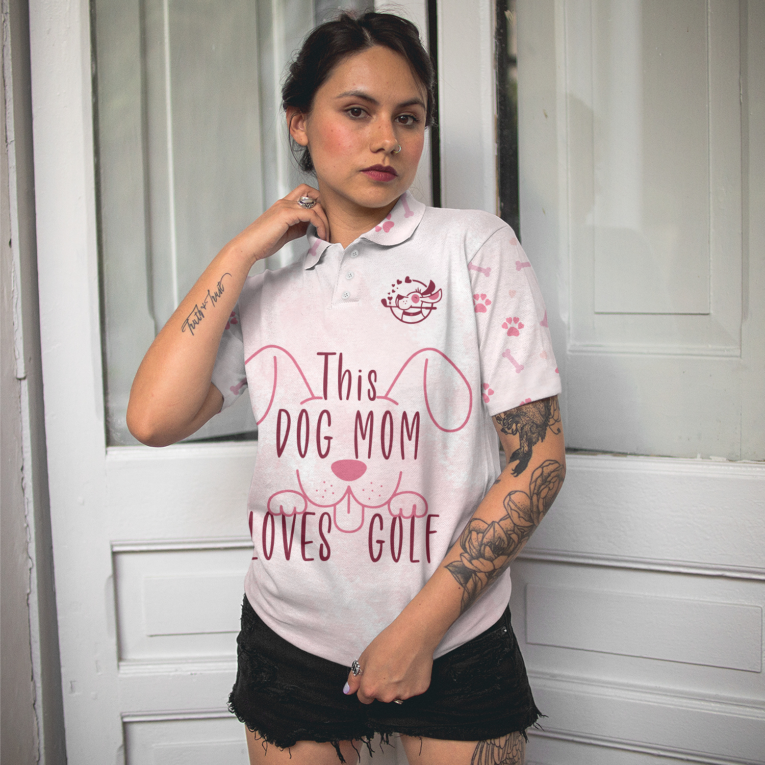 This Dog Mom Loves Golf Short Sleeve Women Polo Shirt, Pink Golf Shirt For Ladies, Golf Gift For Dog Lovers