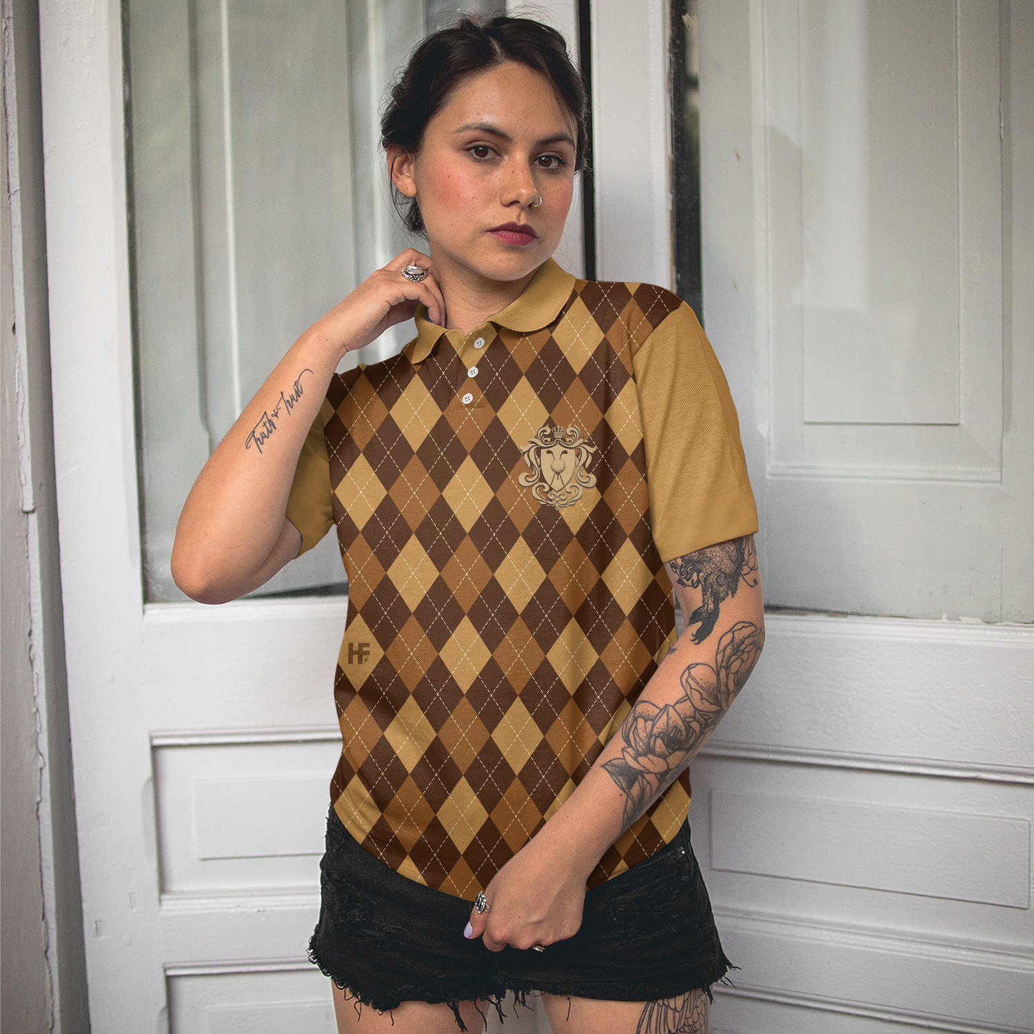 Golf Is My Favourite Season Golf Short Sleeve Women Polo Shirt, Brown Argyle Pattern Golf Polo Shirt For Ladies