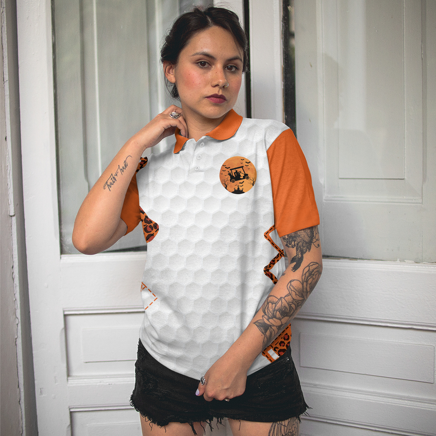 Golf I Have Two Titles Short Sleeve Women Polo Shirt, Orange Leopard Golf Shirt For Ladies, Gift For Golf Mom