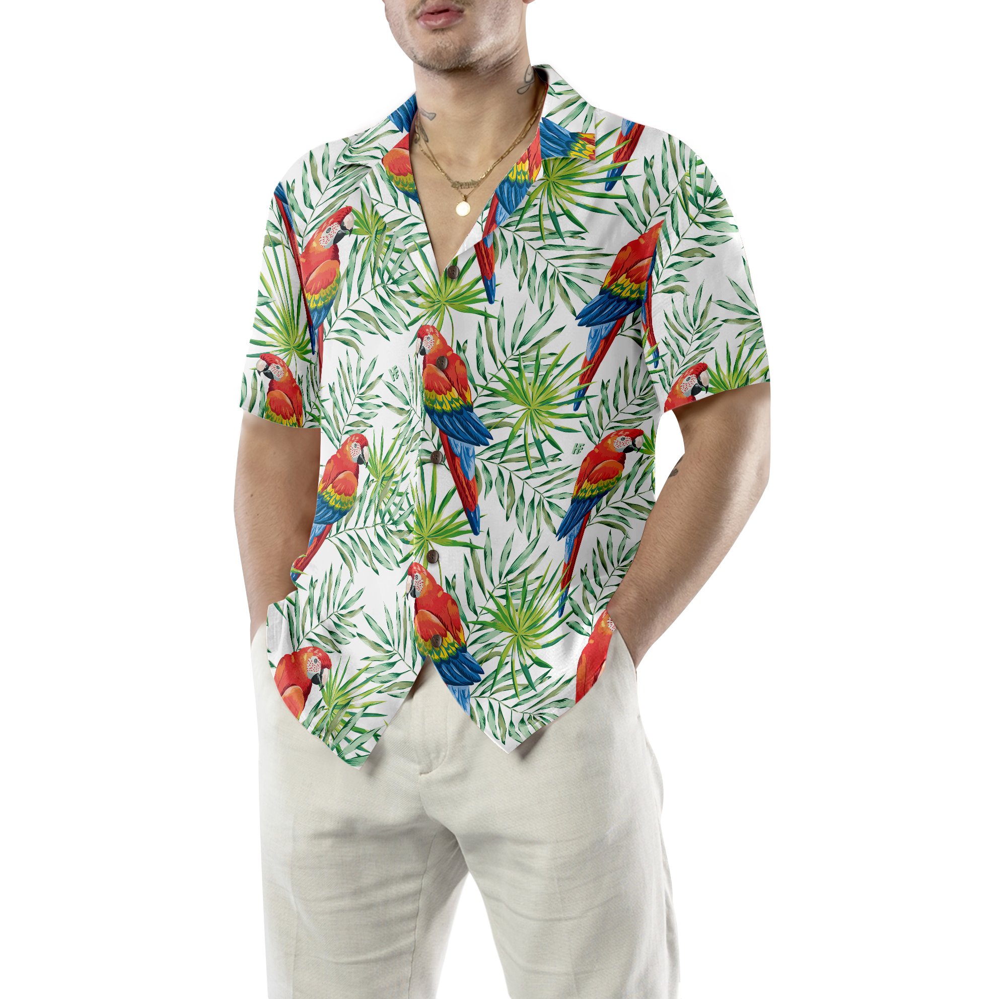 Macaw Parrots Green Palm Leaves Hawaiian Shirt