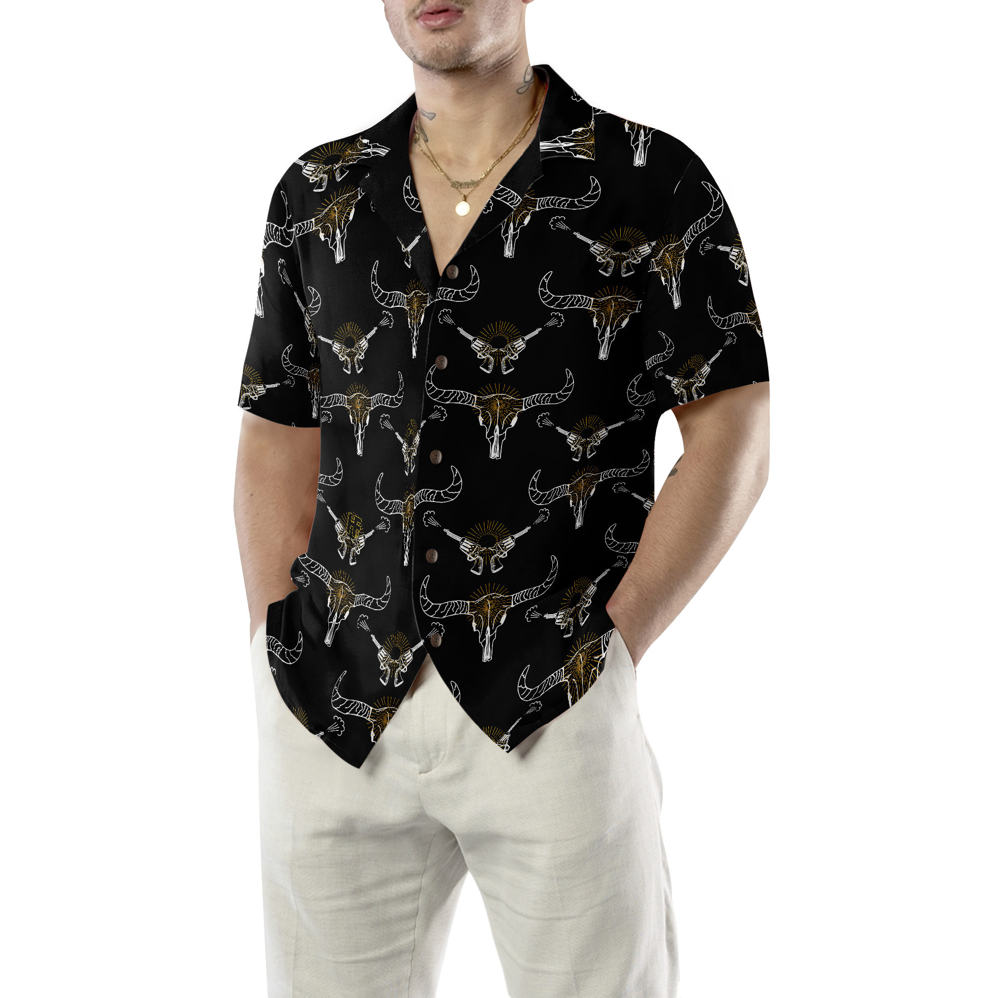 Longhorn Skull And Gun Hawaiian Shirt