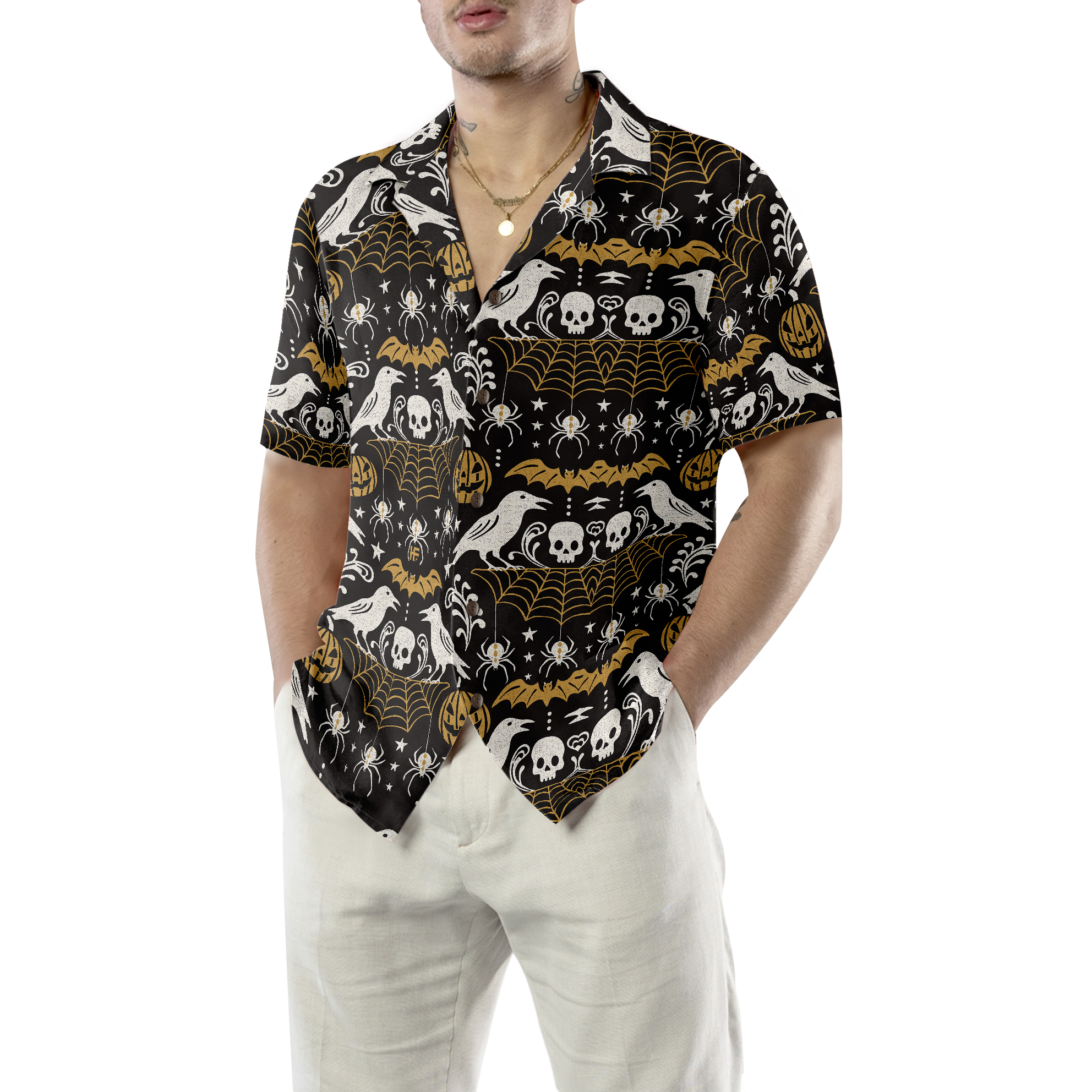 Halloween Eve Black Hawaiian Shirt For Men, Pumpkin Bat Crow Spider Web Skull Hawaiian Shirt