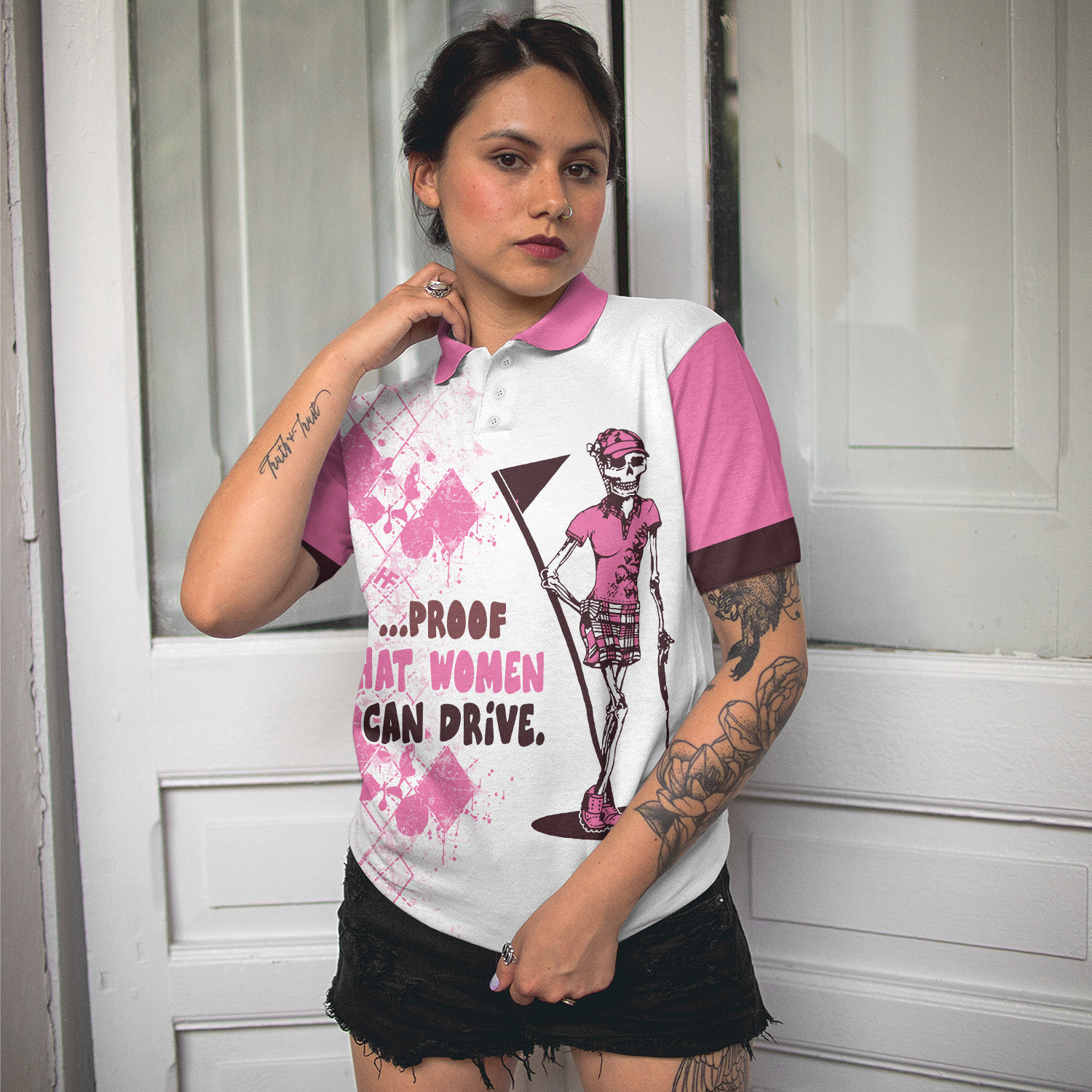 Ladies Mrs. Bones Golf Pink Argyle Short Sleeve Women Polo Shirt, Proof That Women Can Drive White And Pink Golf Shirt For Ladies