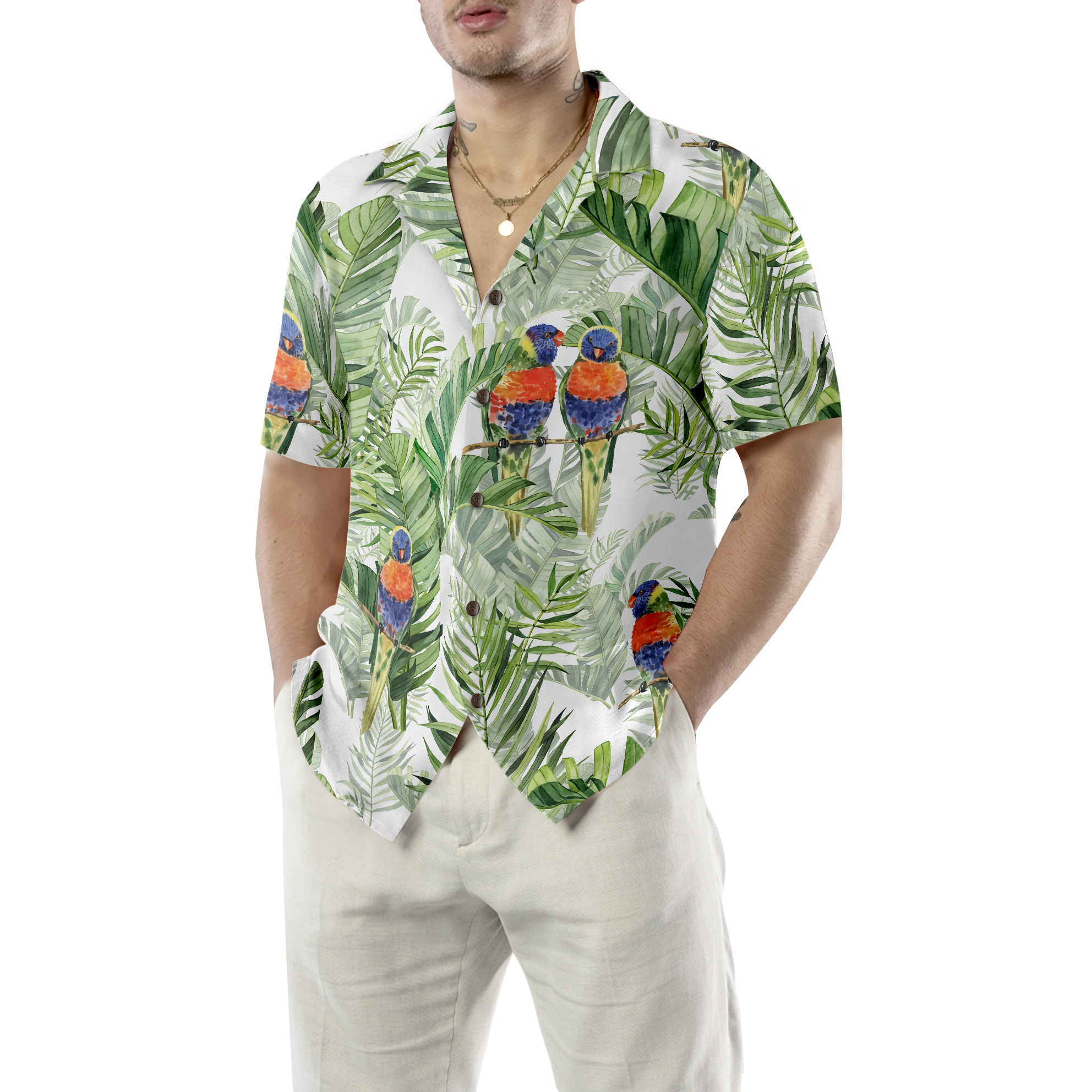 Beautiful Watercolor Parrots In Green Hawaiian Shirt