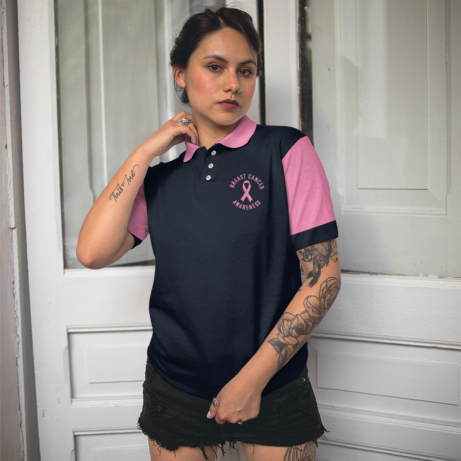 Wife Mom Fighter Short Sleeve Women Polo Shirt, Black And Pink Breast Cancer Ribbon Shirt For Mom
