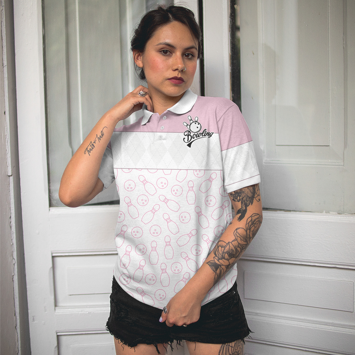 Pink Bowling Balls And Pins Pattern Bowling Short Sleeve Women Polo Shirt, White Bowling Polo Shirt For Ladies