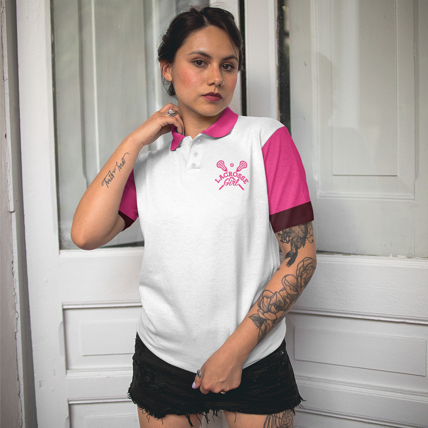 Don't Let Skirt Fool You Lacrosse Short Sleeve Women Polo Shirt, White And Pink Lacrosse Shirt For Ladies