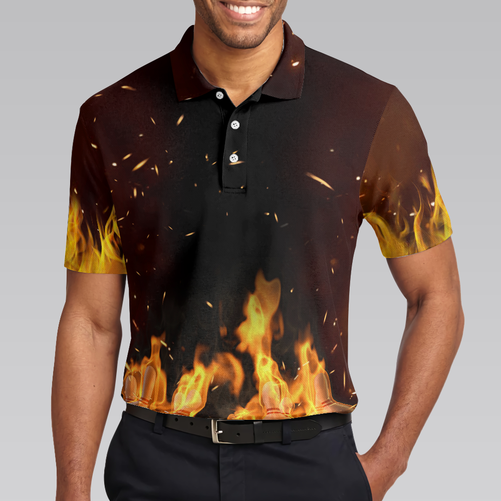 Pin Punisher Bowling Polo Shirt, Cool Flame Pattern Bowling Shirt Design For Male Bowlers, Best Bowling Shirt