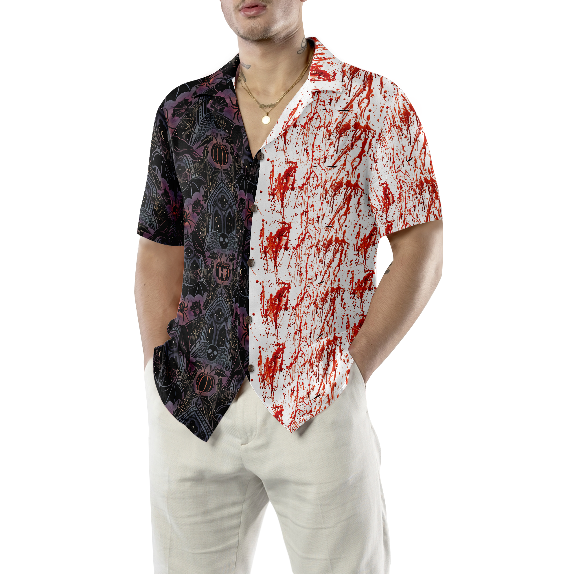 Gothic Halloween Blood Hawaiian Shirt For Men, Satanic Bat And Spider Goth Hawaiian Shirt