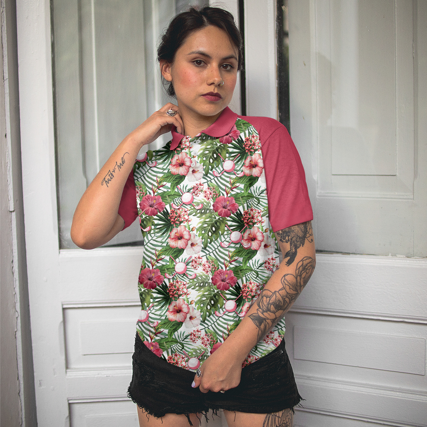 Golf Ball On Tropical Flowers Background Short Sleeve Women Polo Shirt