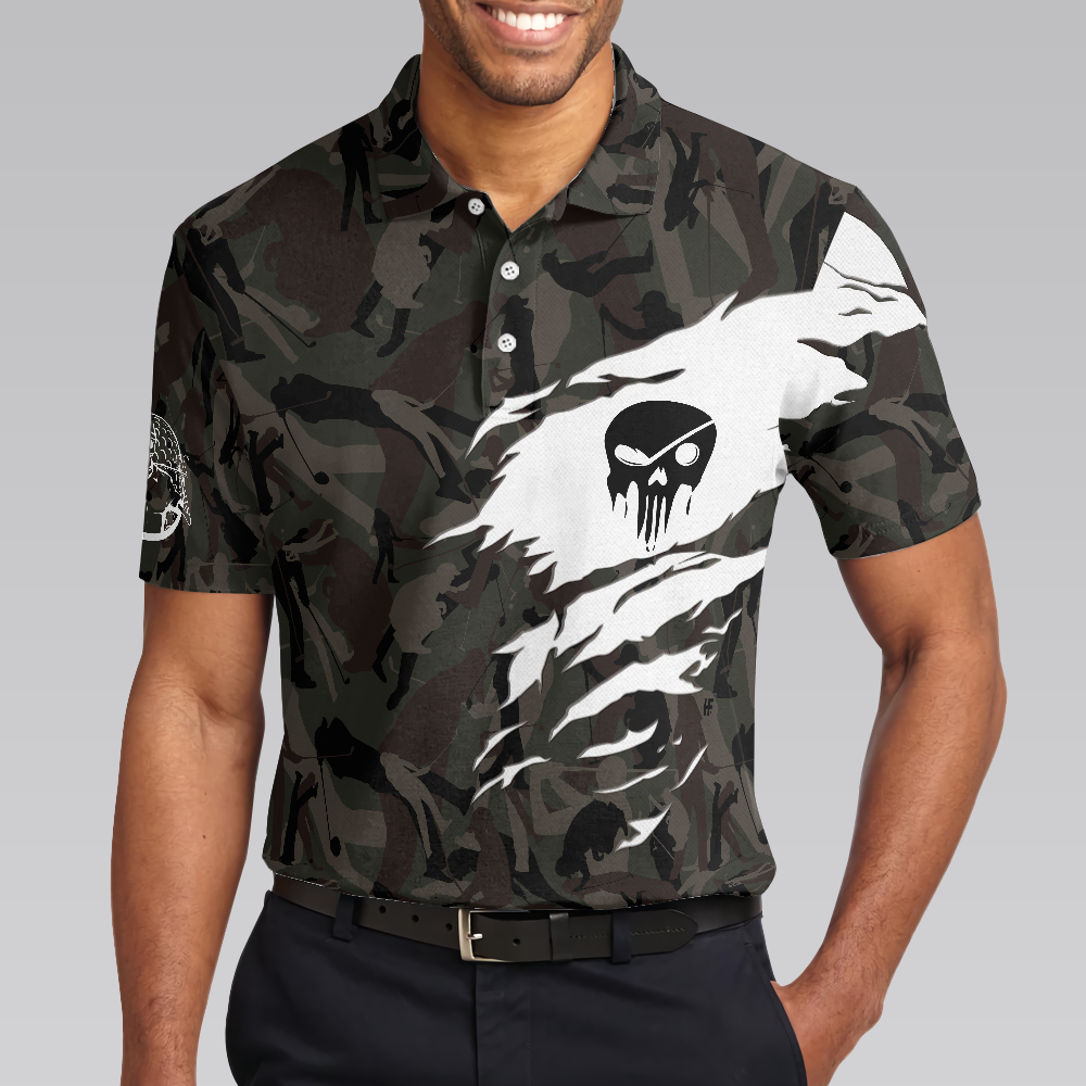 Never Underestimate An Old Man Camouflage Pattern Skull Polo Shirt, Army Skeleton Golfer Polo Shirt, Camo Golf Shirt For Men