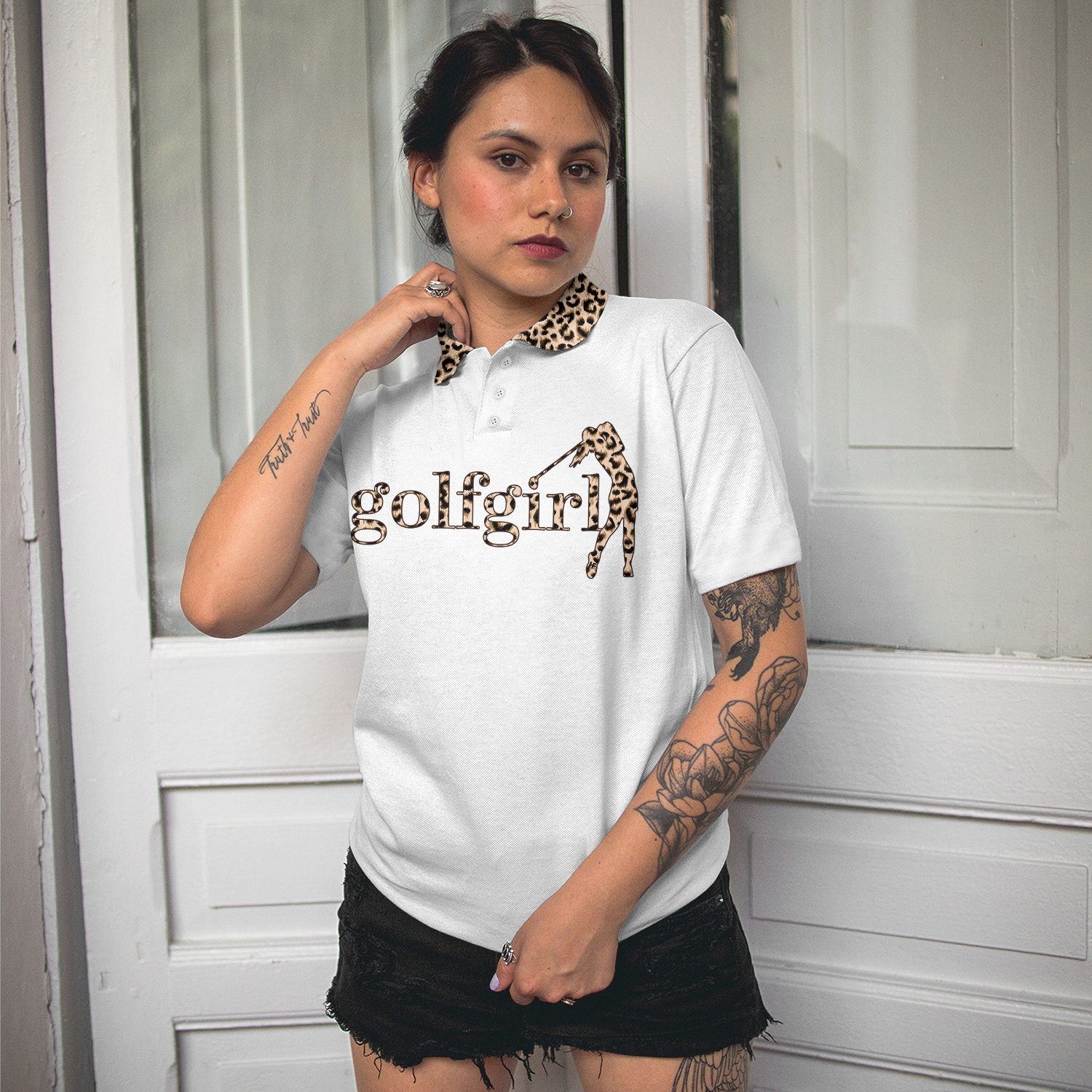 Golf Girl Leopard Pattern Short Sleeve Women Polo Shirt