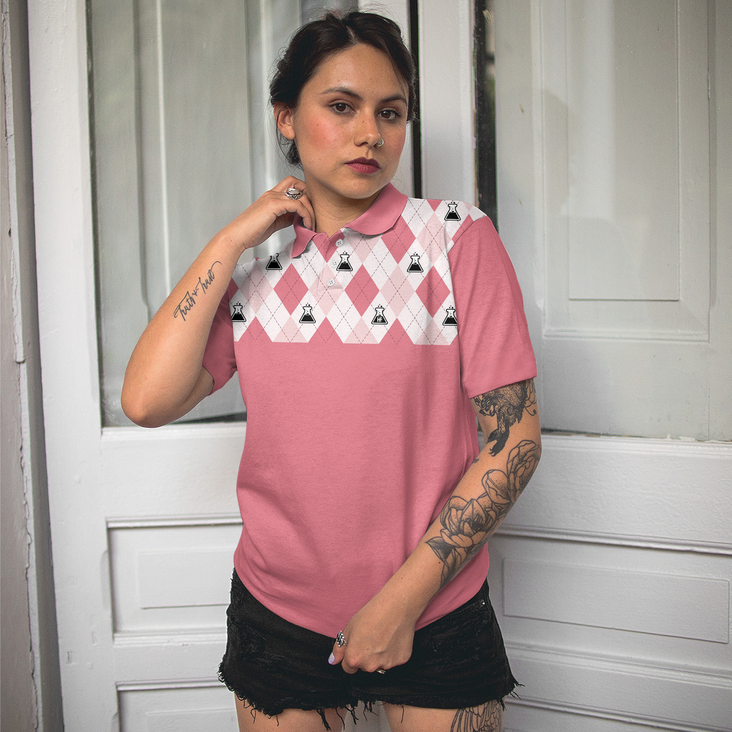 Science Pink Argyle Pattern Short Sleeve Women Polo Shirt