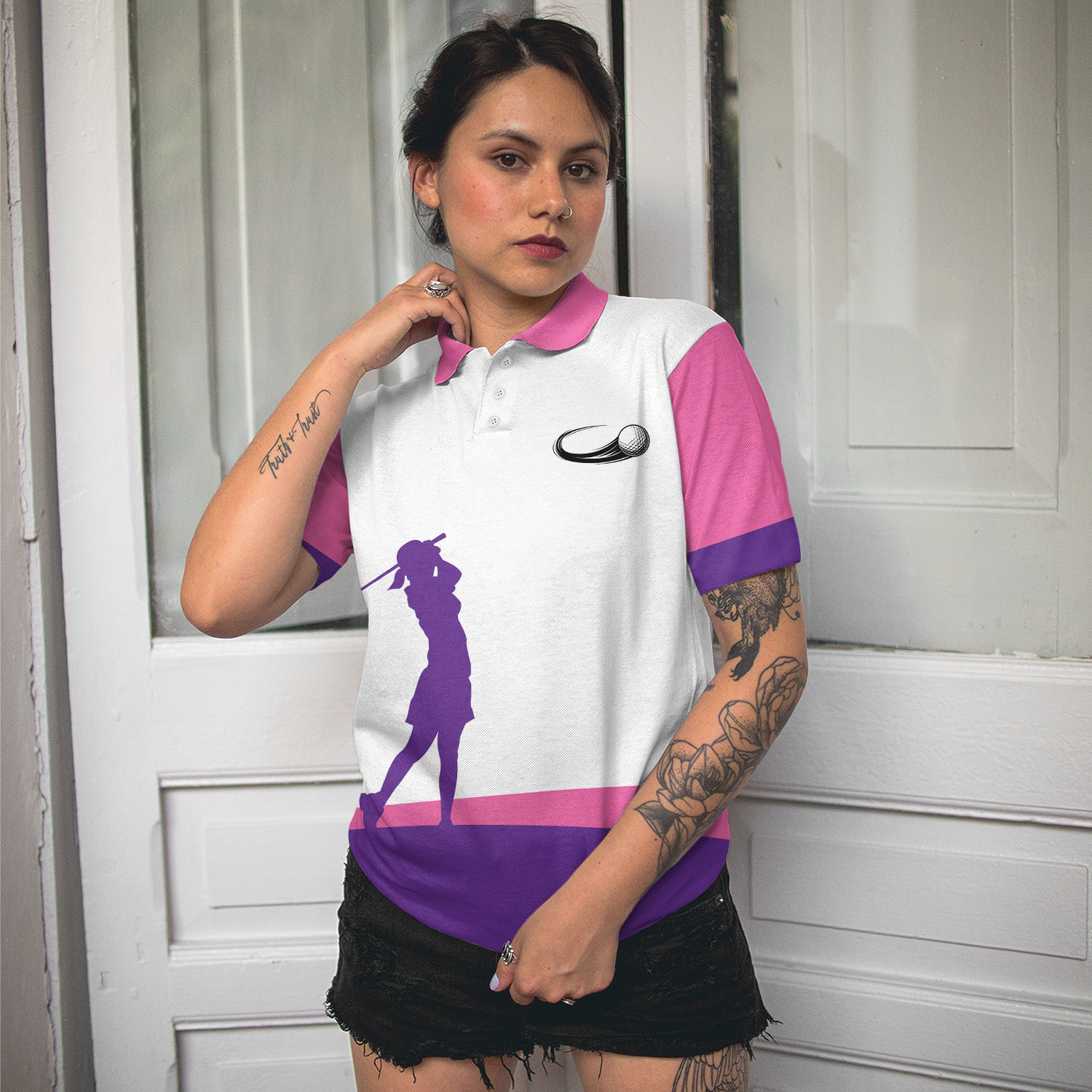 Swing Swear Look For Ball Repeat Golf Short Sleeve Women Polo Shirt, White And Pink Golf Shirt For Ladies, Unique Female Golf Gift