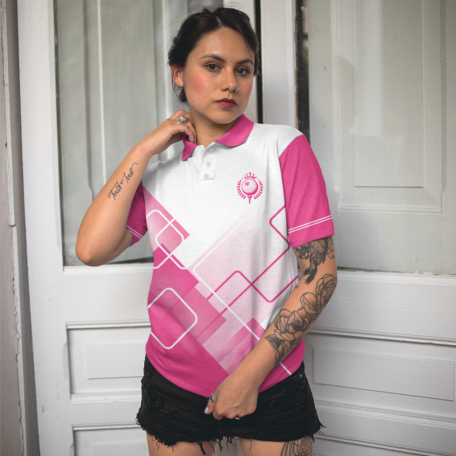 This Girl's Got Drive Pink Golf Short Sleeve Women Polo Shirt, Pink Pattern Golfing Shirt, , Female Golf Gift