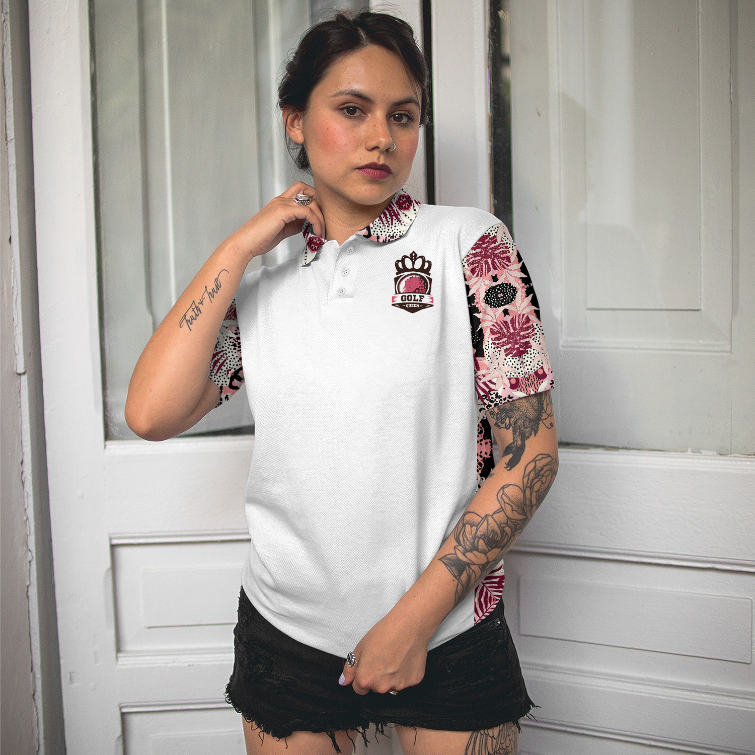 I Golf Like A Girl Try To Keep Up Flower Seamless Pattern Short Sleeve Women Polo Shirt