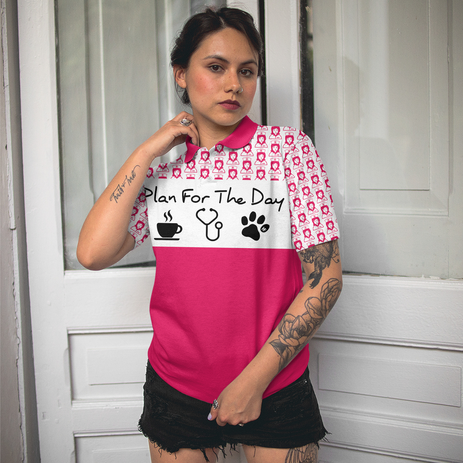 Plan For The Day Nurse Life Short Sleeve Women Polo Shirt, Pink And White Nurse Vibes Shirt For Women