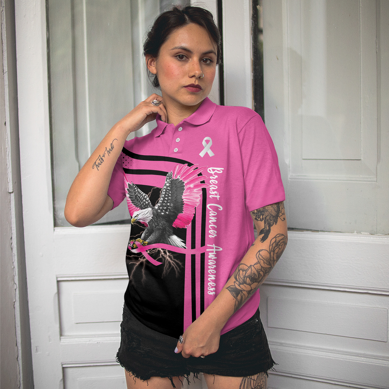 Be Stronger Than The Storm Breast Cancer Awareness Short Sleeve Women Polo Shirt, Eagle Awareness Ribbon Polo Shirt For Ladies