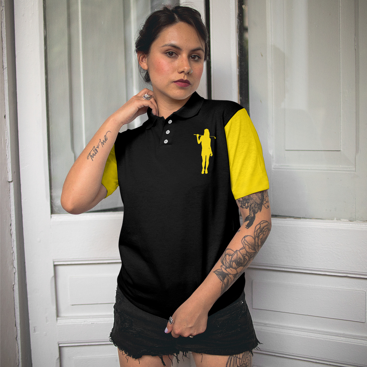Definition Of Golf Girl Golf Short Sleeve Women Polo Shirt, Black And Yellow Golf Shirt For Ladies