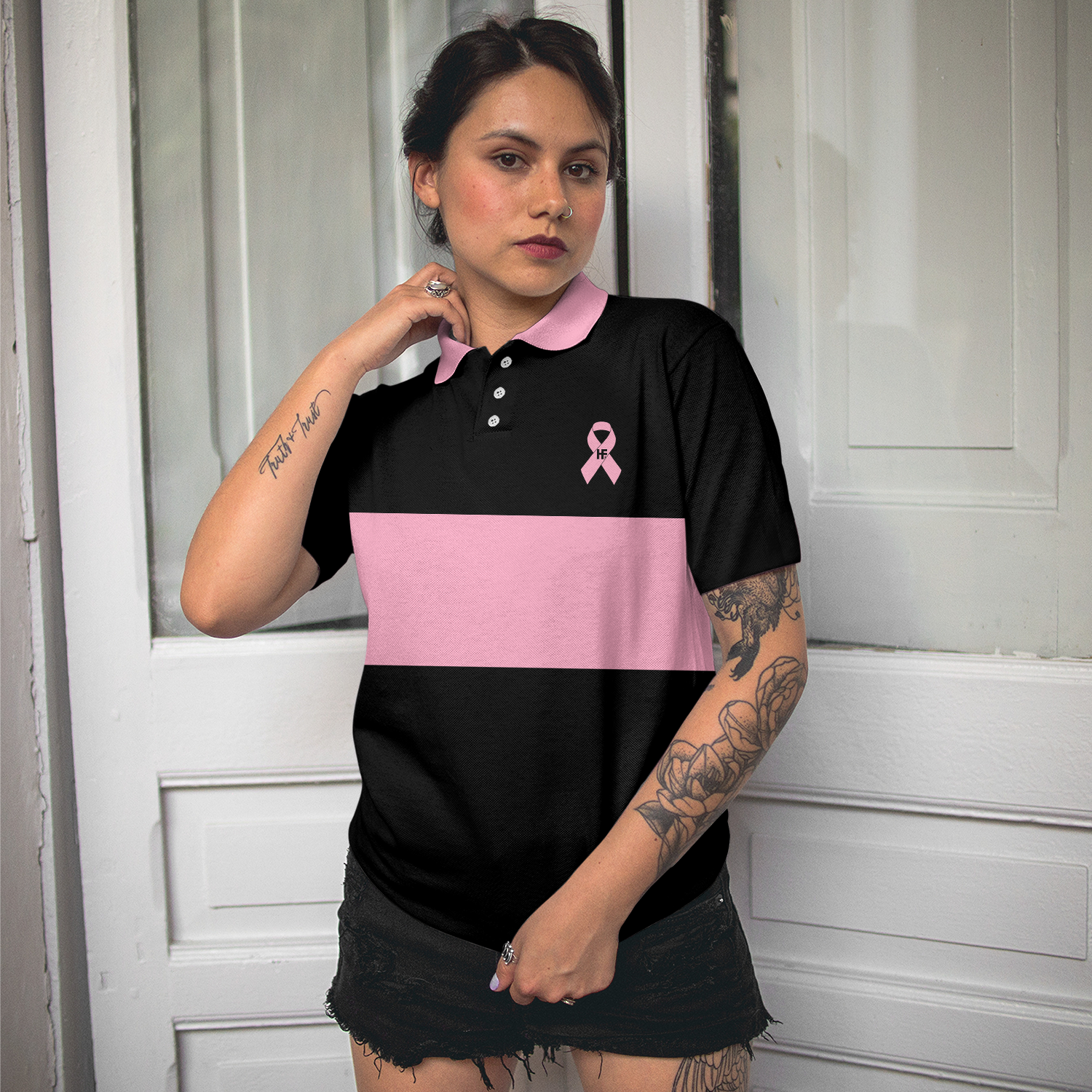 Breast Cancer Awareness Ribbon Short Sleeve Women Polo Shirt, Thoughtful Breast Cancer Survivor Shirt