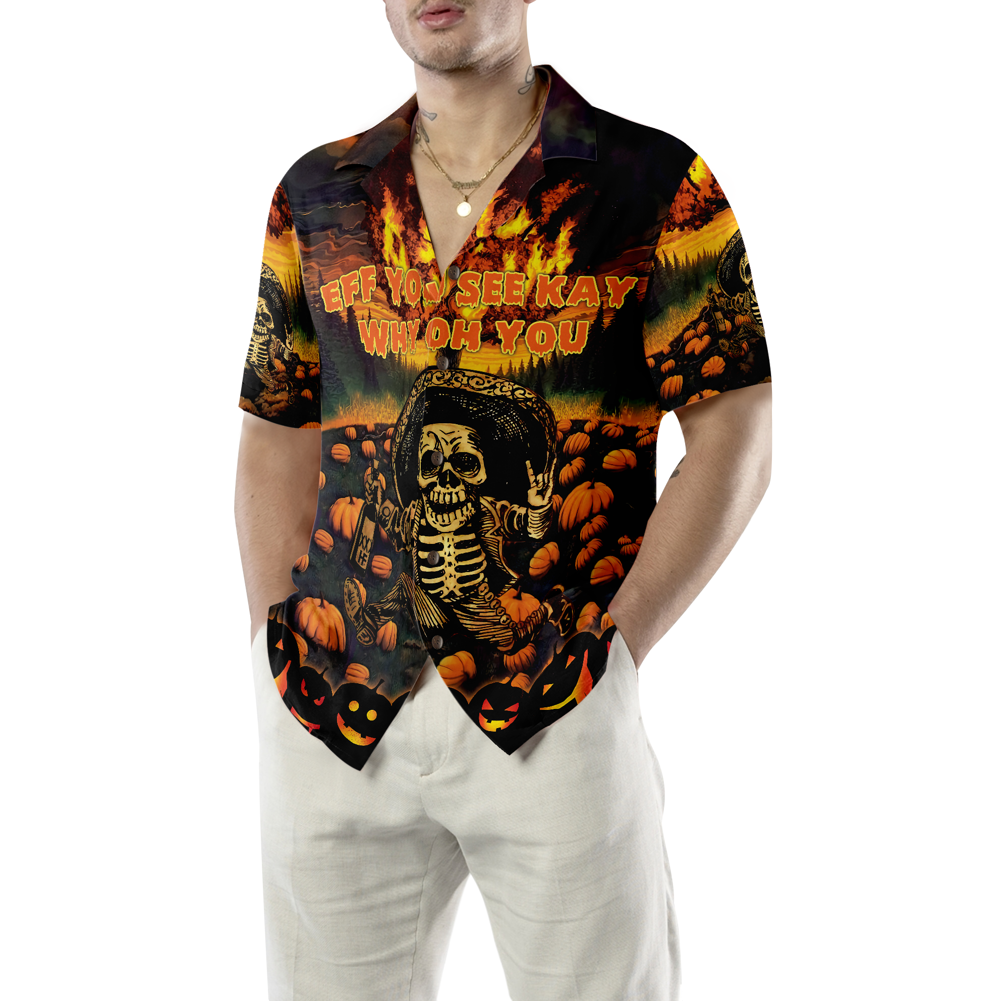 The Burning Pumpkin Sky & Skeleton Halloween Hawaiian Shirt, Halloween Shirt For Men And Women