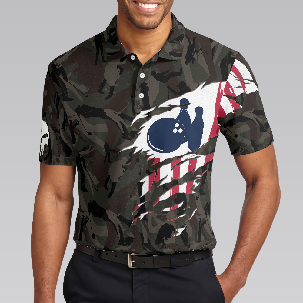 Hand Instruction American Flag Camouflage Bowling Polo Shirt, Camo Bowling Shirt For Men