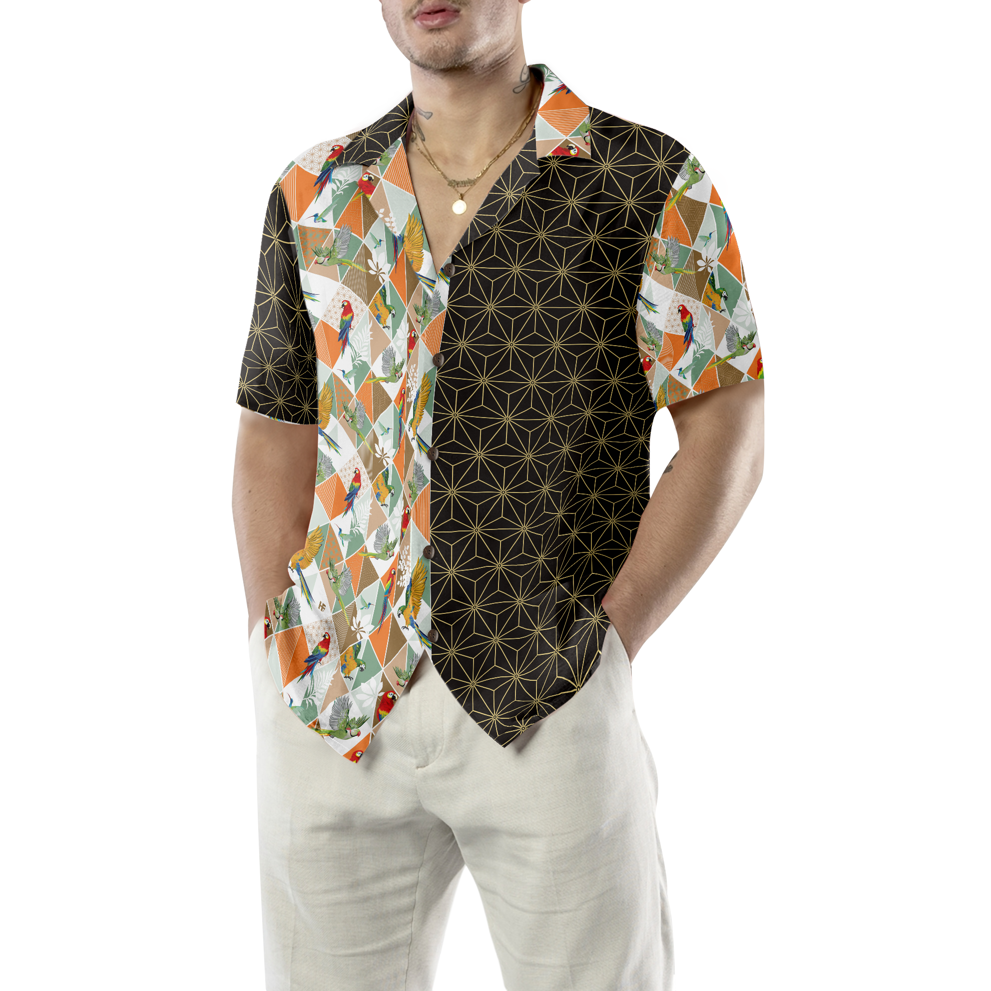 Bold Geometric Parrot Palm Hawaiian Shirt