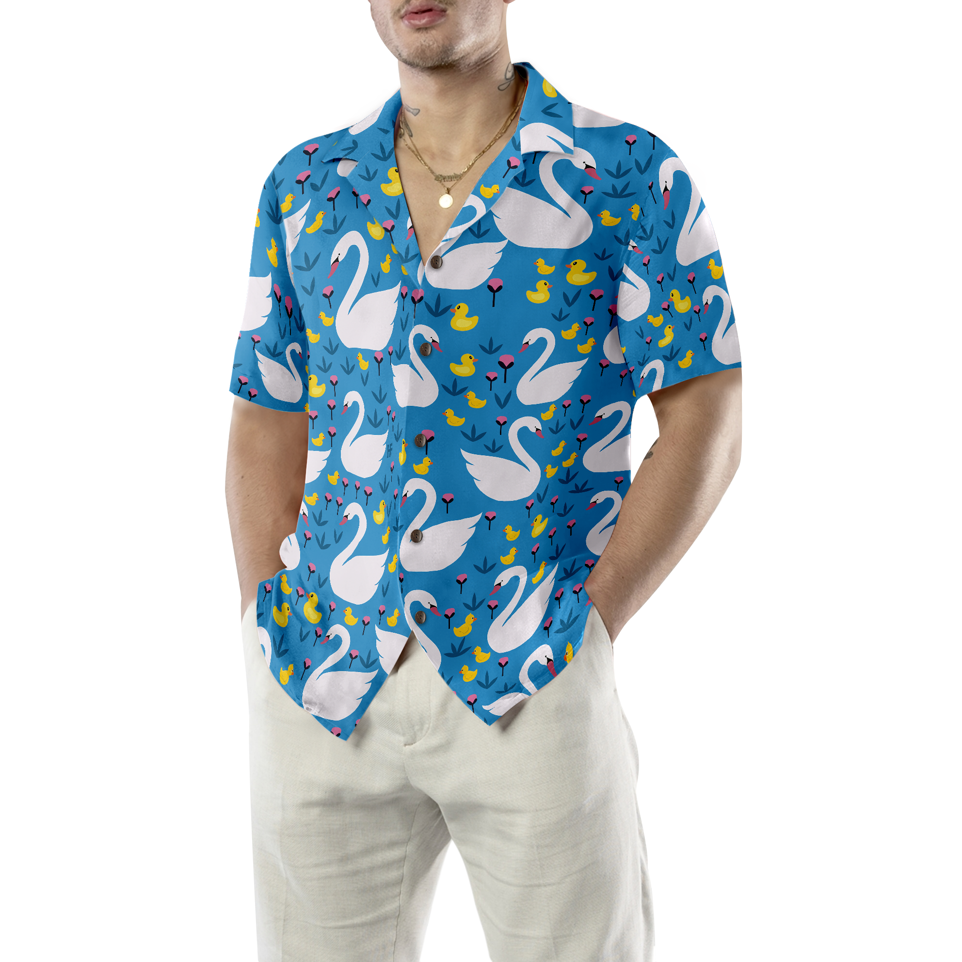 Swans And Ducks Swimming Hawaiian Shirt, Sky Blue Animals And Floral Hawaiian Shirt